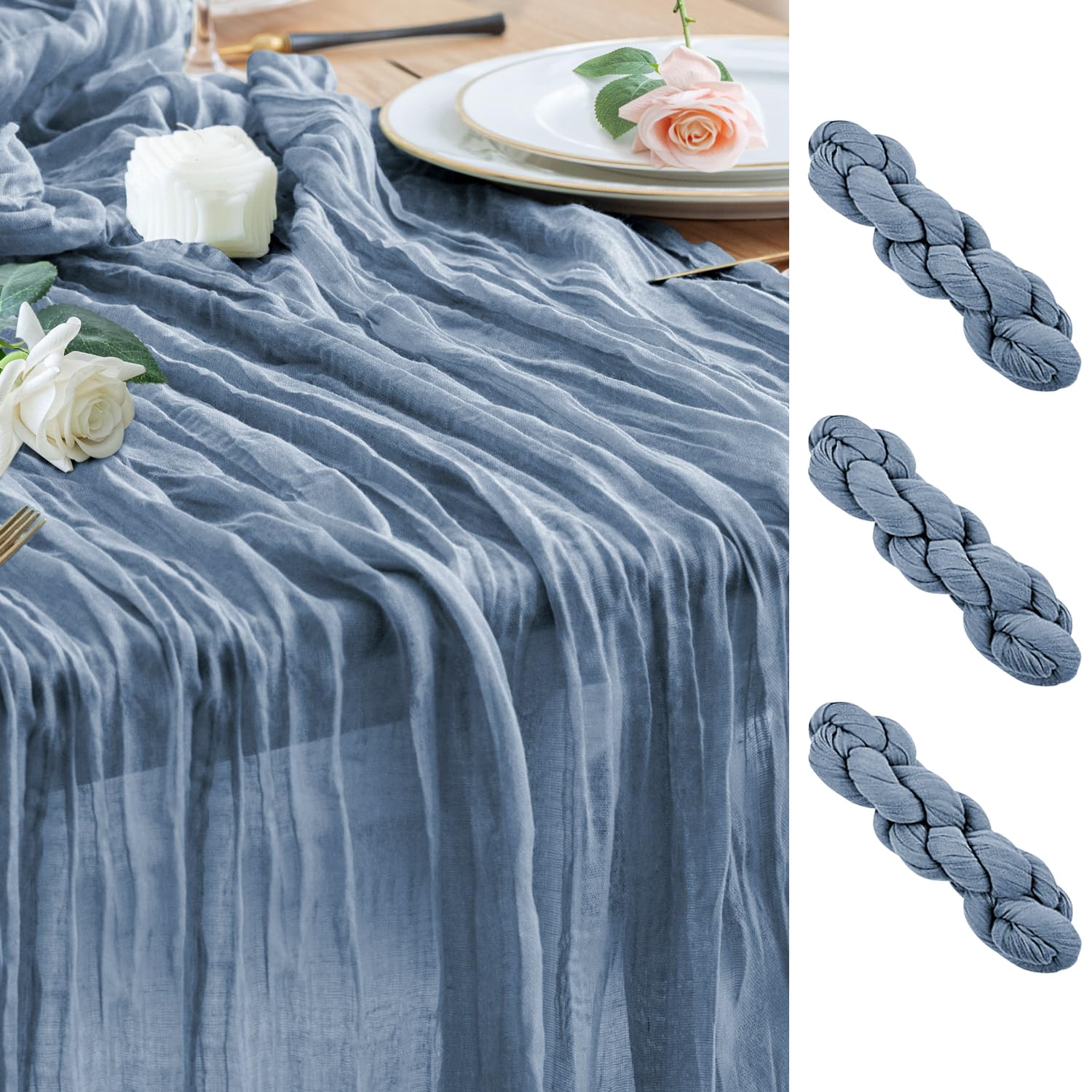Photo 1 of [ONLY 2PACK] Wokceer Dusty Blue Cheesecloth Table Runner Spring 2Pack 10FT Boho Gauze Easter Cheese Cloth Table Runner for Party Long Rustic Sheer Runners for Baby Bridal Shower Wedding