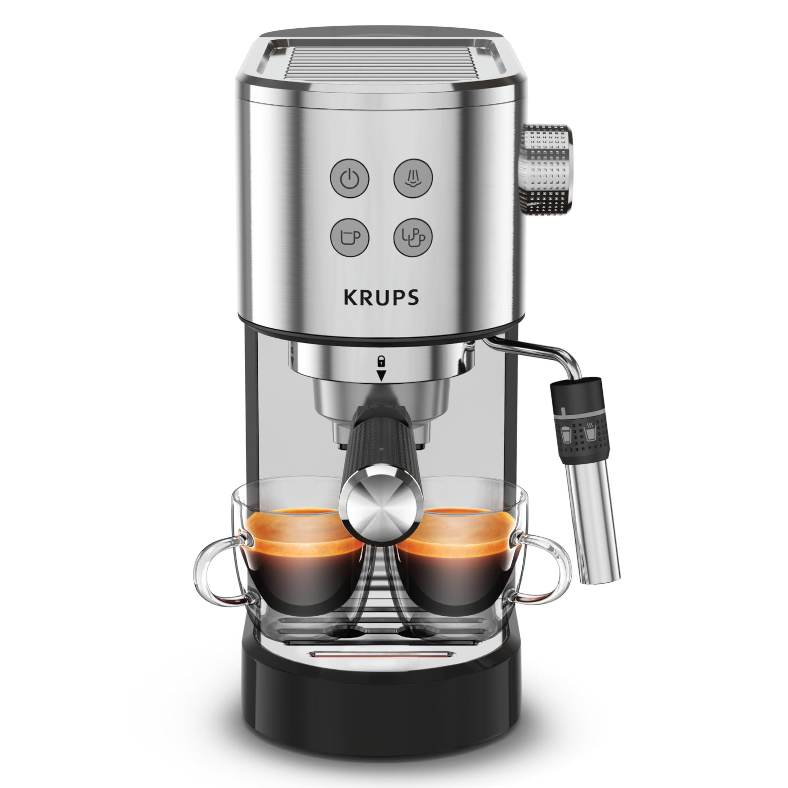 KRUPS Stainless Steel Espresso Machine: 15-Bar Pump Pressure, Milk Frother for Cappuccino and Latte, Fast Pre-Heat, 2-Cup Capacity, Cup Warmer, Easy Cleaning, 1350W, Silver