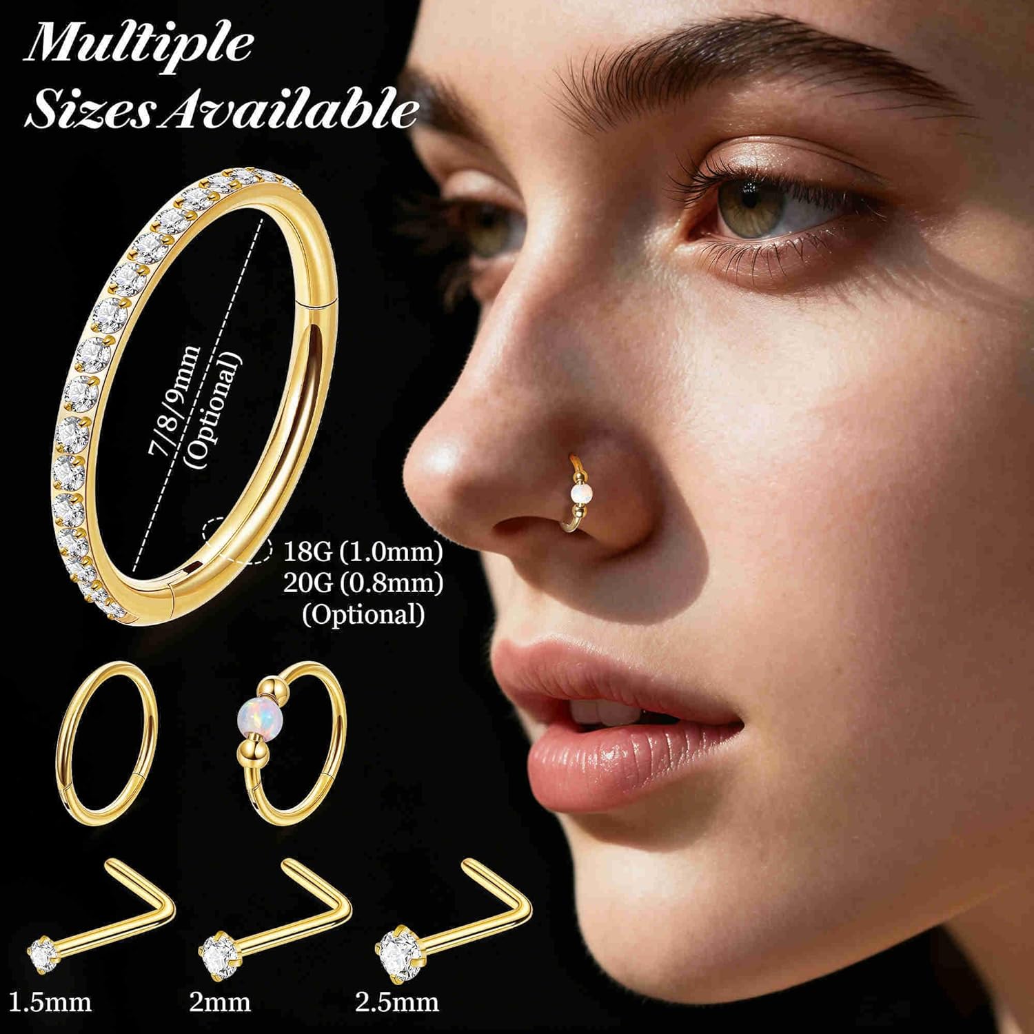 6PCS 18G 20G Surgical Steel Nose Ring for Women Men Clicker Hoop Nose Rings CZ L Shaped Nose Stud Hinged Septum Nose Hoop Cartilage Conch Rook Ring Lip Tragus Piercing Jewelry 7-9MM - Image 3