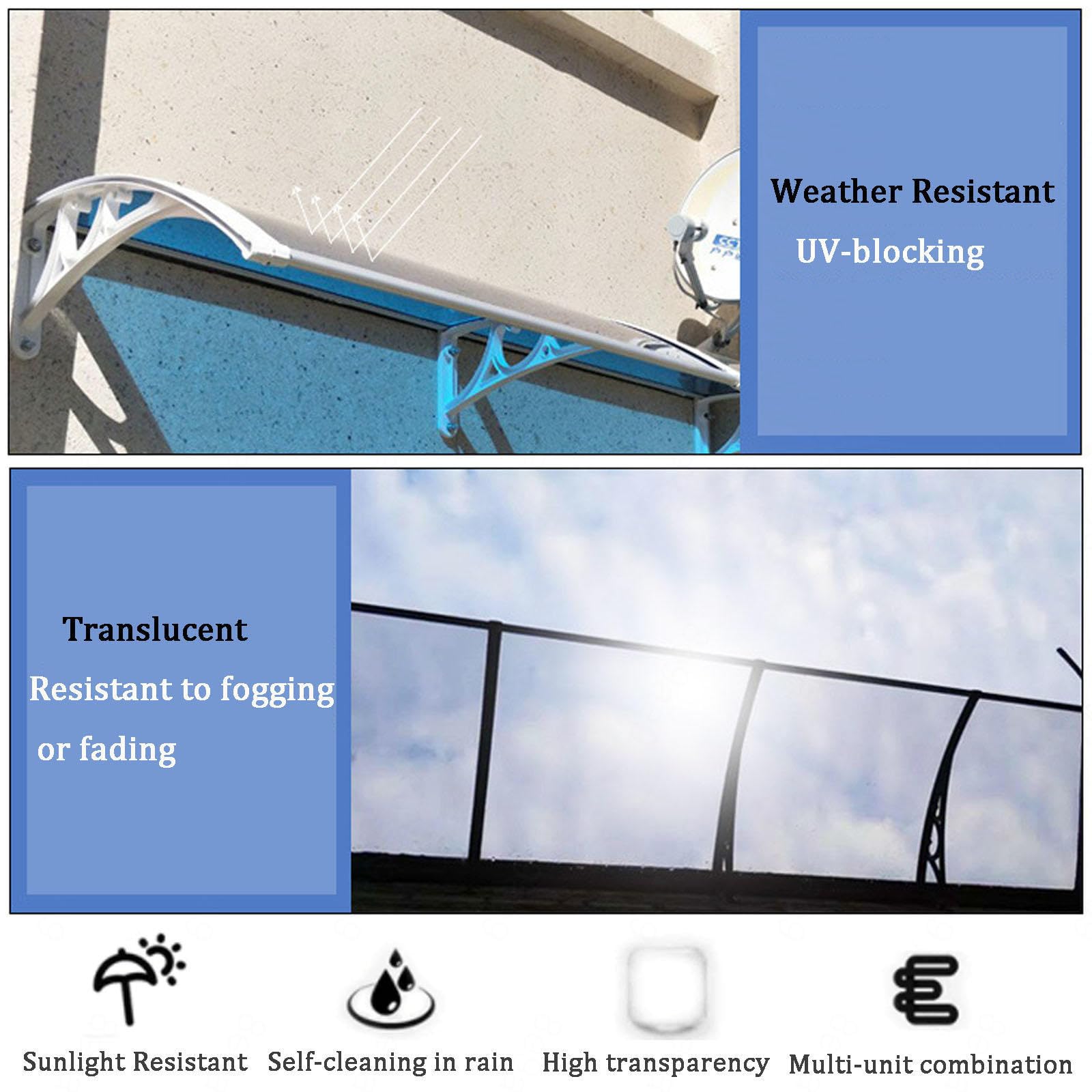 Wasserdichtes Einstiegstürvordach, 78,7 x 350,5 cm, Polycarbonat mit weißer Aluminiumstütze, Außenmarkise für Türen und Fenster, Regen- und Sonnenschutz