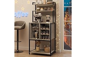 IDEALHOUSE 5-Tier Wood Bakers Rack with Glass Holder & Wine Glass Rack