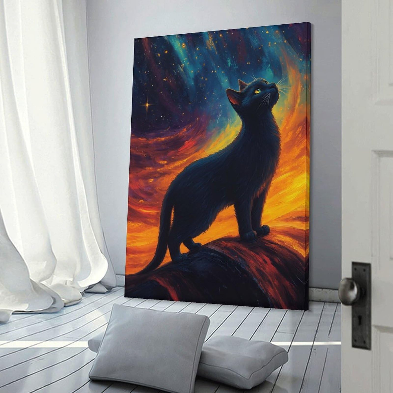 Junmoney Frame-Style-1 Black Cat Gazing At The Stars Decorative Canvas Print, 24X36inch(60X90cm), For Home, Office, Studio Or Guest Room, Versatile Wall Decor For Many Rooms