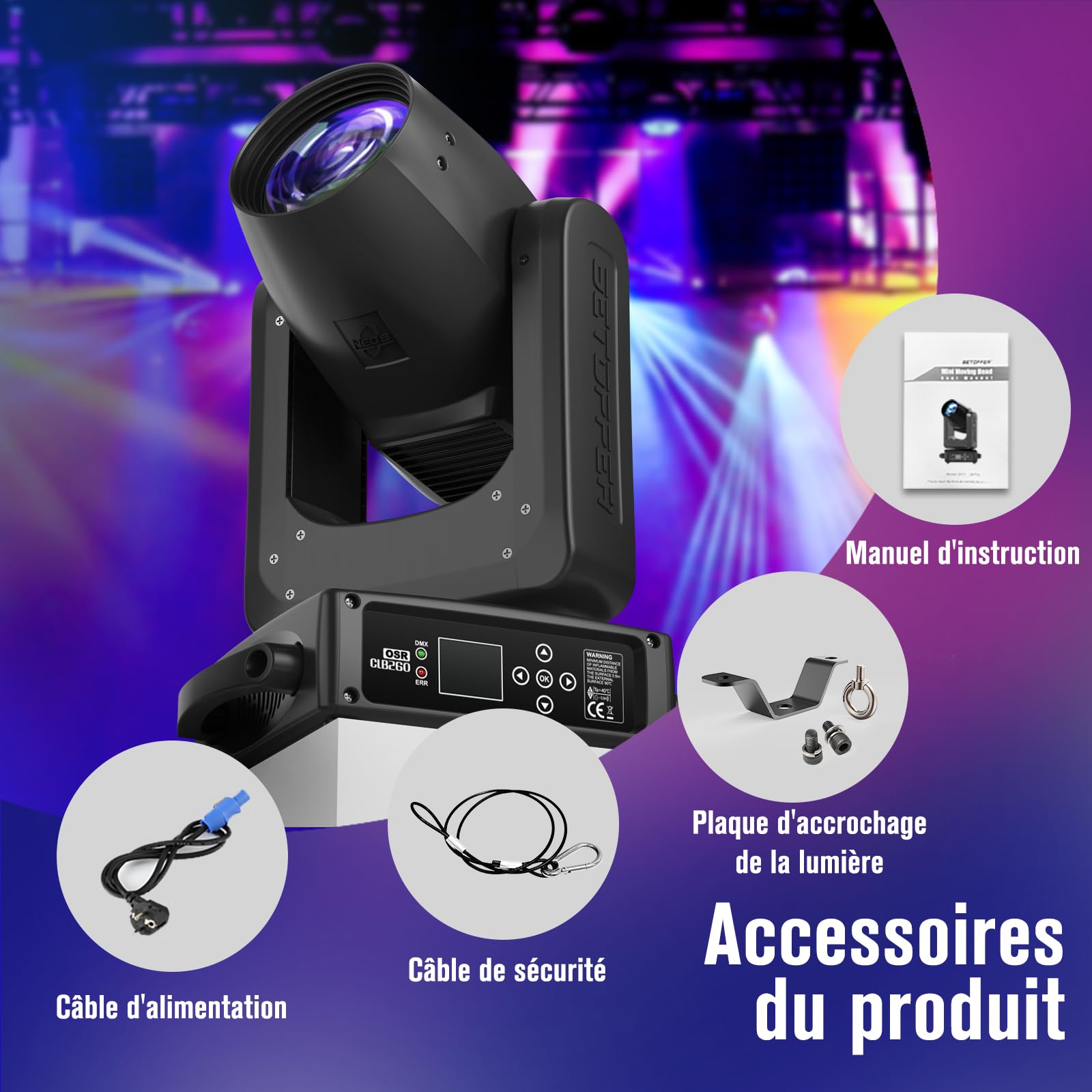 BETOPPER Lyre Led Moving Head Lampe 512 DMX RGBW 260W Éclairage de Scène Tête Mobile Jeux Lumiere Disco de Scène pour Scène, DJ, Bar, Mariage, Fête, Discothèque (1 PCS)