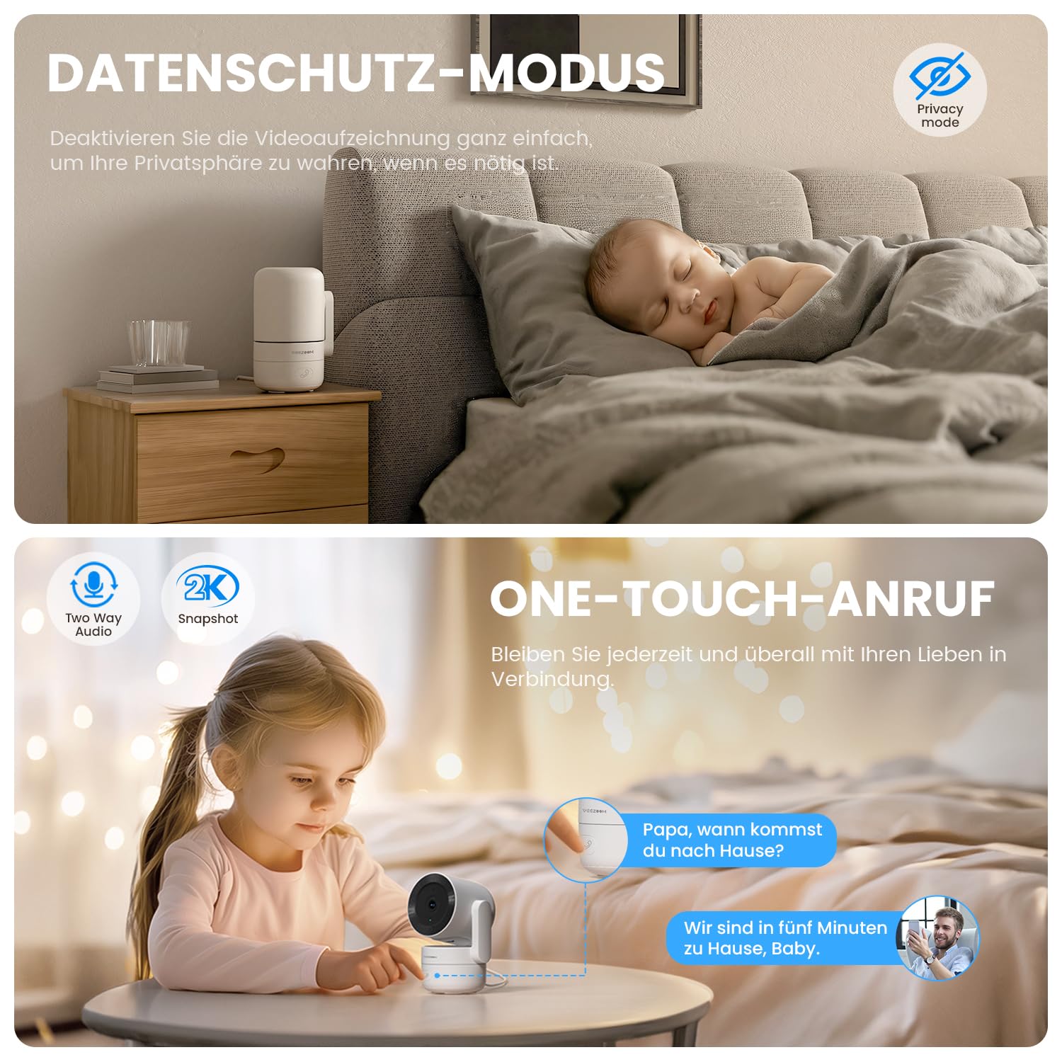 VEEZOOM 4MP WLAN Kamera Indoor, 360° PTZ Kamera Überwachung Innen, 2.4G WiFi Baby/Haustier Innenkamera, HD-Nachtsicht, KI Personenerkennung, One-Touch-Anruf, Automatische Verfolgung, 504D