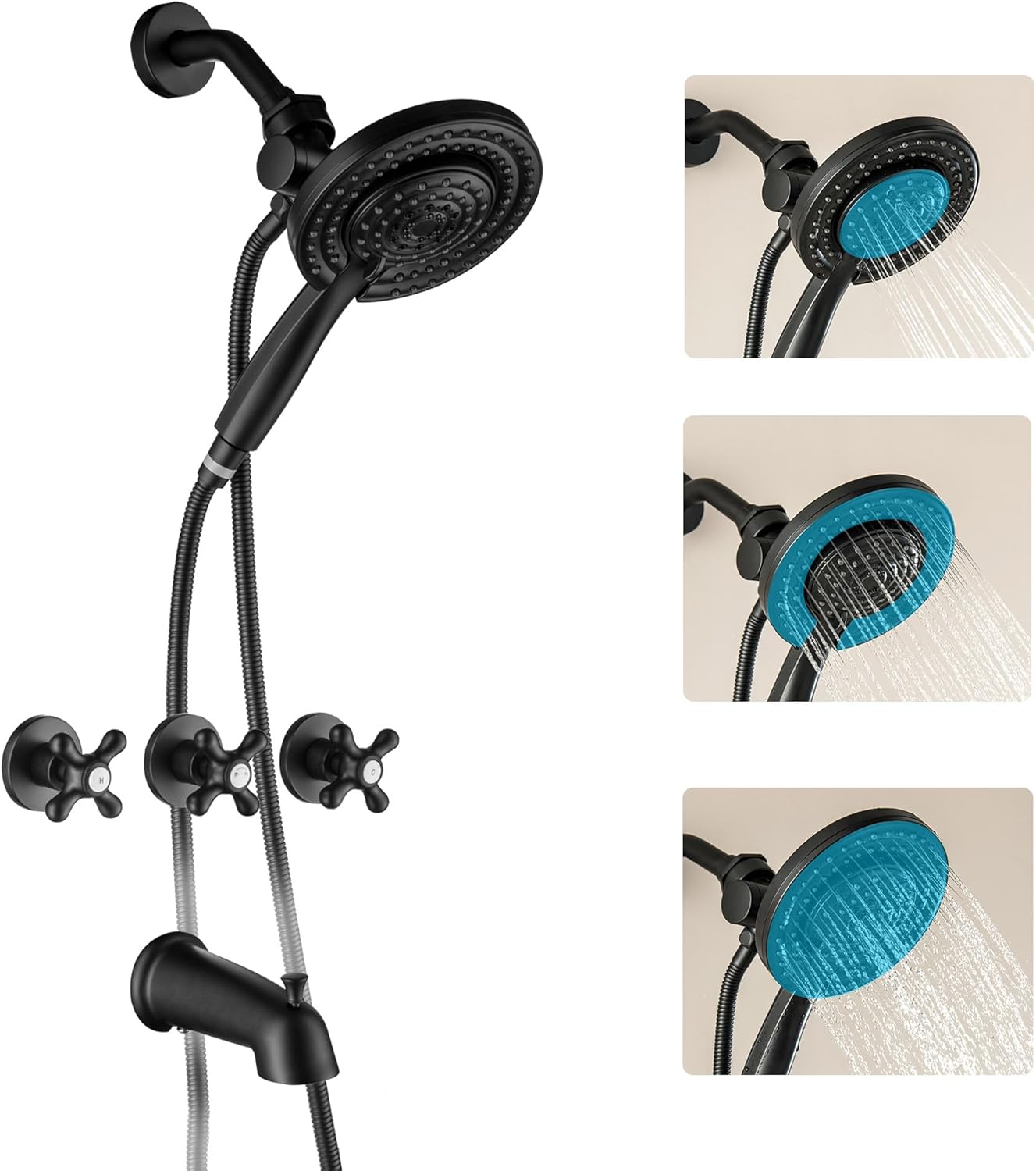 3 Handles Tub and Shower Faucet Set Matte Black 2-in-1 Dual Shower Bathtub Shower Faucets Combo Three Knod Tub and Shower Trim Kit Shower System Complete