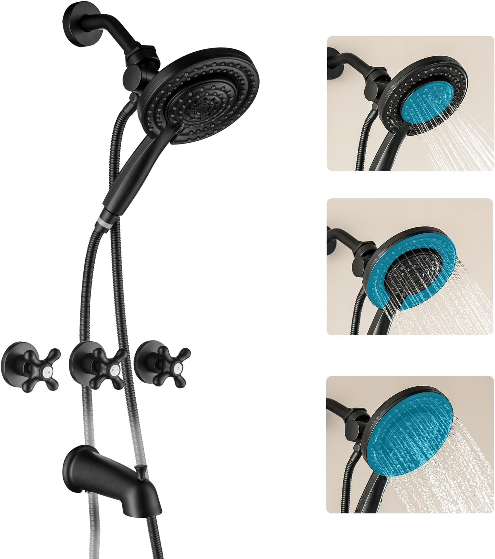 3 Handles Tub and Shower Faucet Set Matte Black 2-in-1 Dual Shower Bathtub Shower Faucets Combo Three Knod Tub and Shower Trim Kit Shower System Complete
