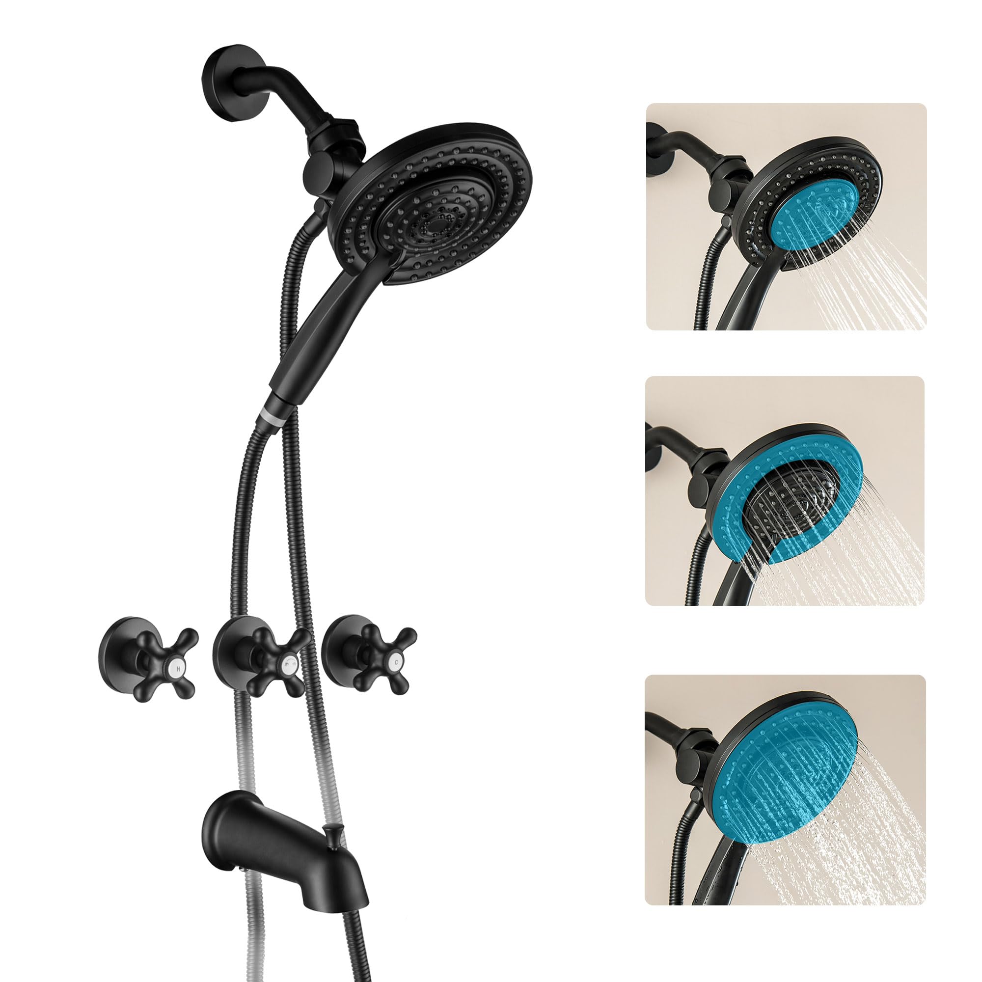 3 Handles Tub and Shower Faucet Set Matte Black 2-in-1 Dual Shower Bathtub Shower Faucets Combo Three Knod Tub and Shower Trim Kit Shower System Complete