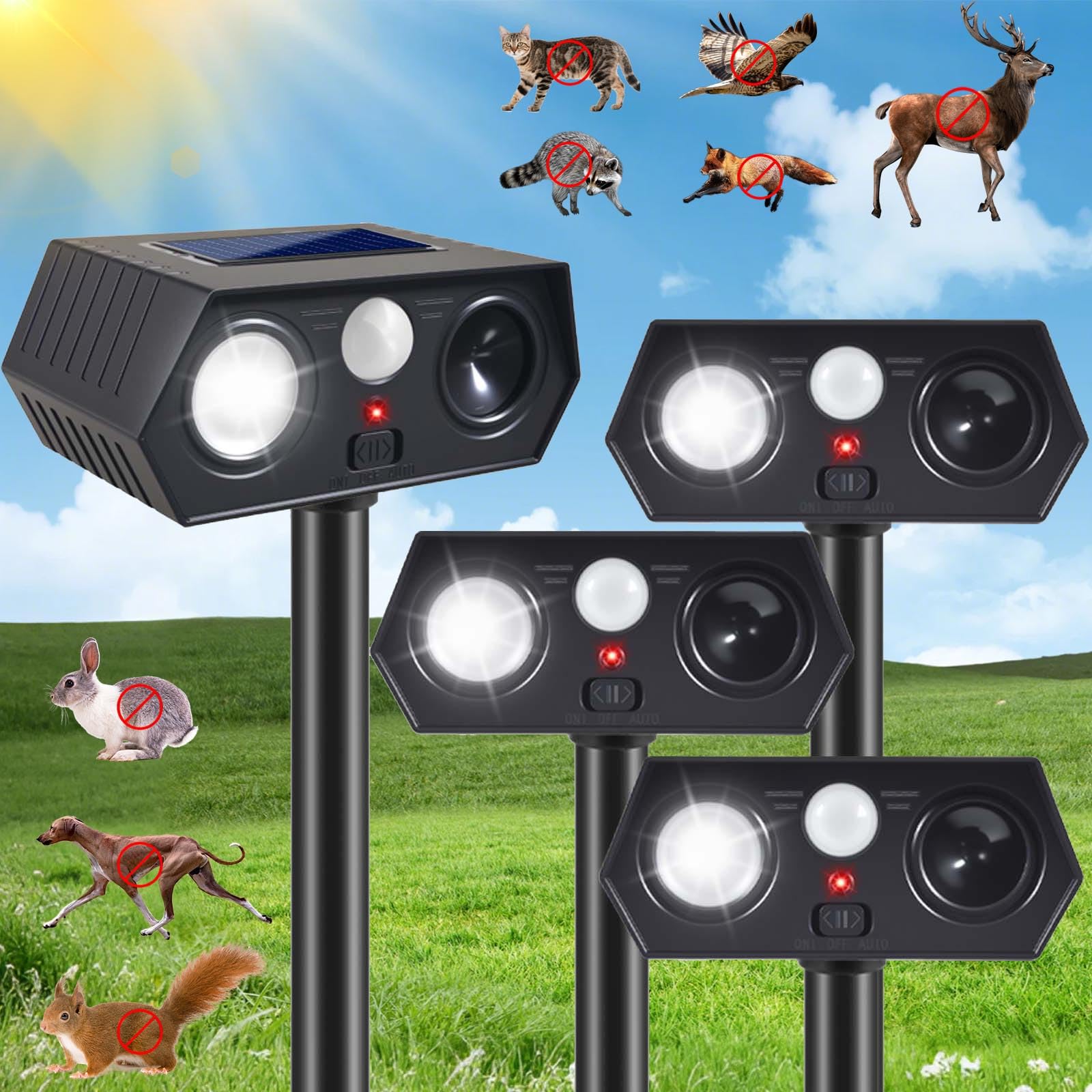 Dissuasori solari ad ultrasuoni per animali all'aperto, dissuasori solari per cervi con sensore di movimento, repellente per gatti con luci flash a LED per spaventare cervi, scoiattoli, conigli
