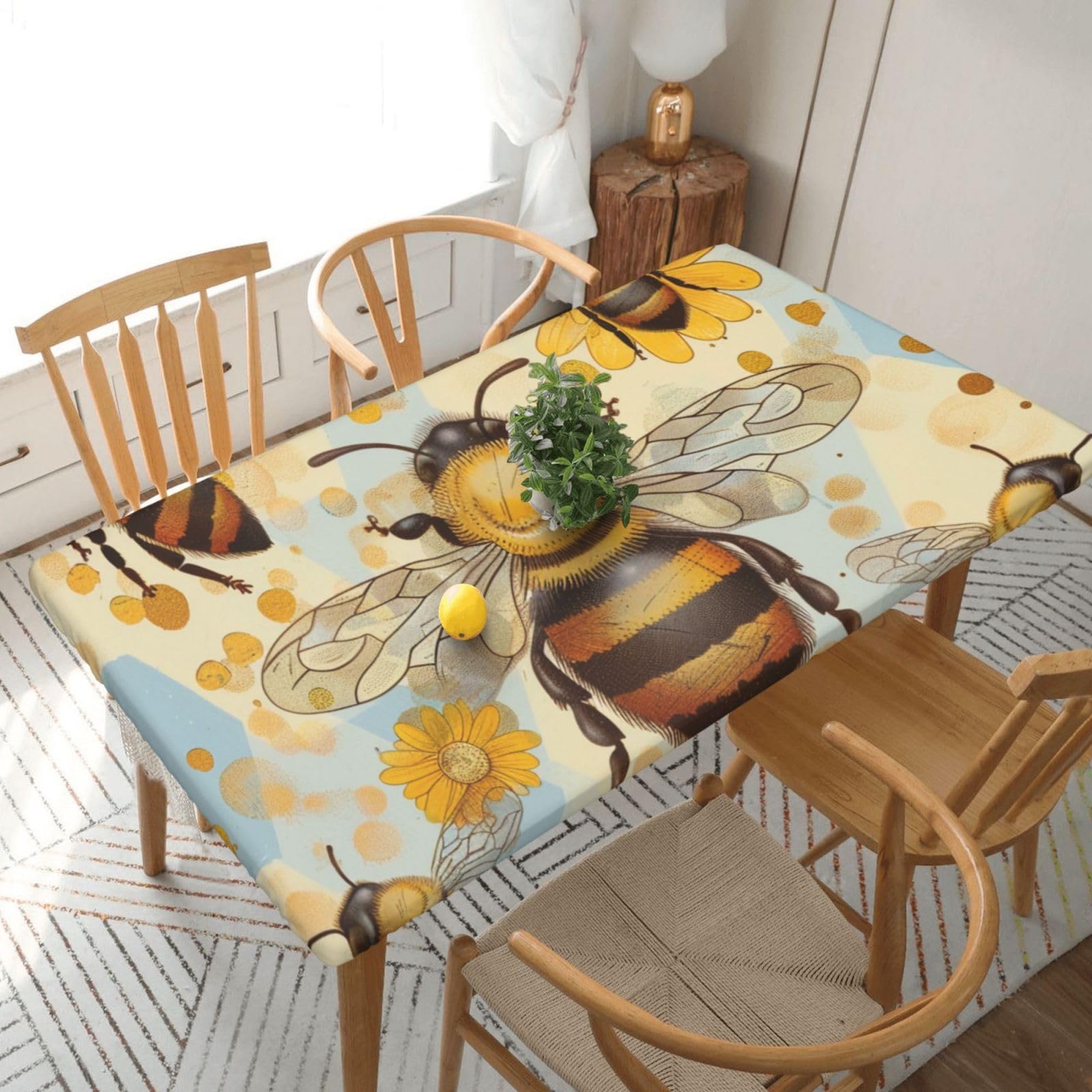 WPKJU Honey Bee Printed Tablecloths 5ft Rectangular Table Covers Washable Polyester Decorative Table Cloth for Dining Table Picnic Wedding