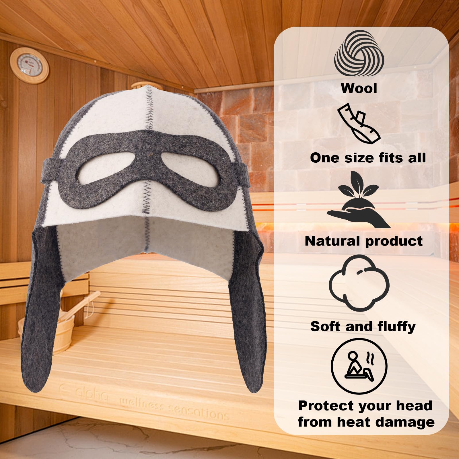 Aviator Style Wool Sauna Hat for Men Women Unisex Felt Russian Banya Sauna Cap One Size Fits All Sauna Accessories Gifts for Steam Bath Hair Protect (White and Gray) - Image 4