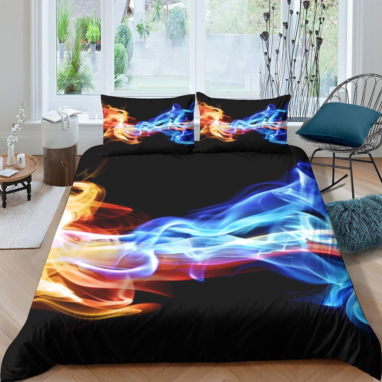GPLZQXKJNH 3D Printed Fire and Ice Duvet Cover Microfiber Soft Breathable Abstract Flame Bedding Set with 2 Pillowcases for Bedroom Decor Single（135x200cm）