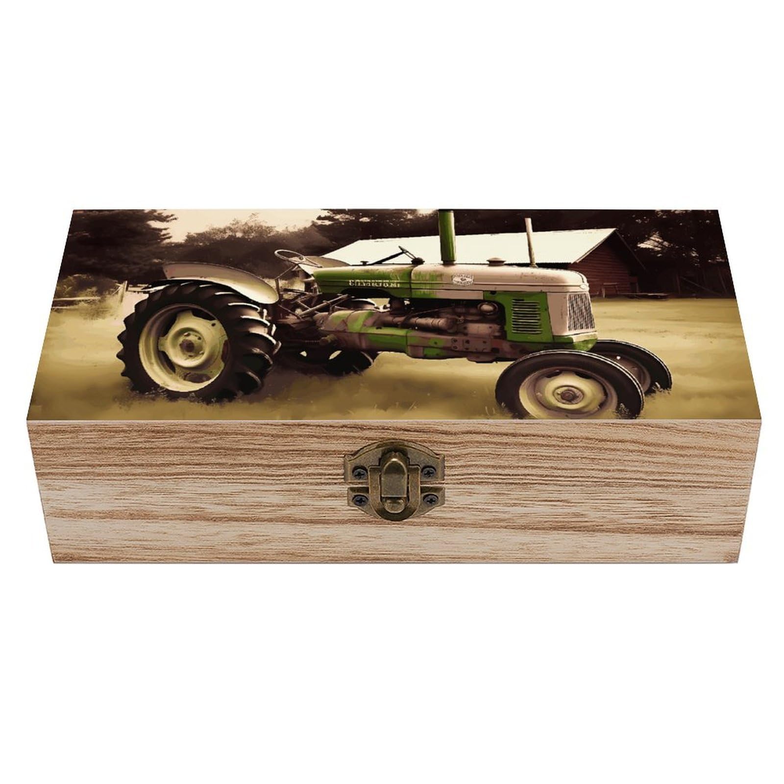 LZQPOEAS Old Tractor Photo Farm Wooden Storage Box Small Decorative Box with Hinged Lid Handmade Elegant Keepsake Storage Box for Jewelry, Photos, Trinkets, Letter Gifts, Small Heirlooms