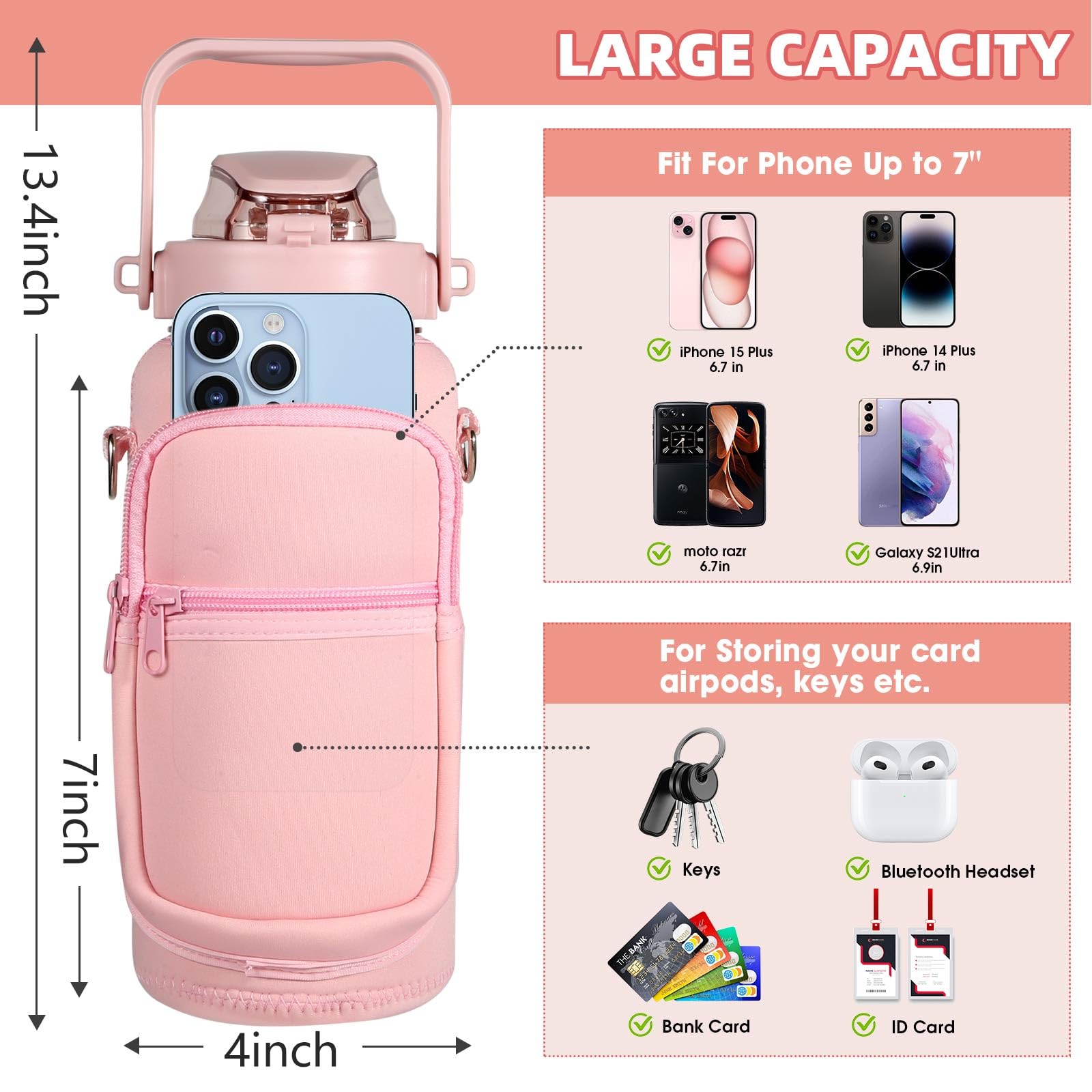 Dolenor 2 Litre Water Bottle with Straw & Sleeve, 64oz Leak-Proof BPA Free Sports Bottle with Time Marker & Strap - Image 4