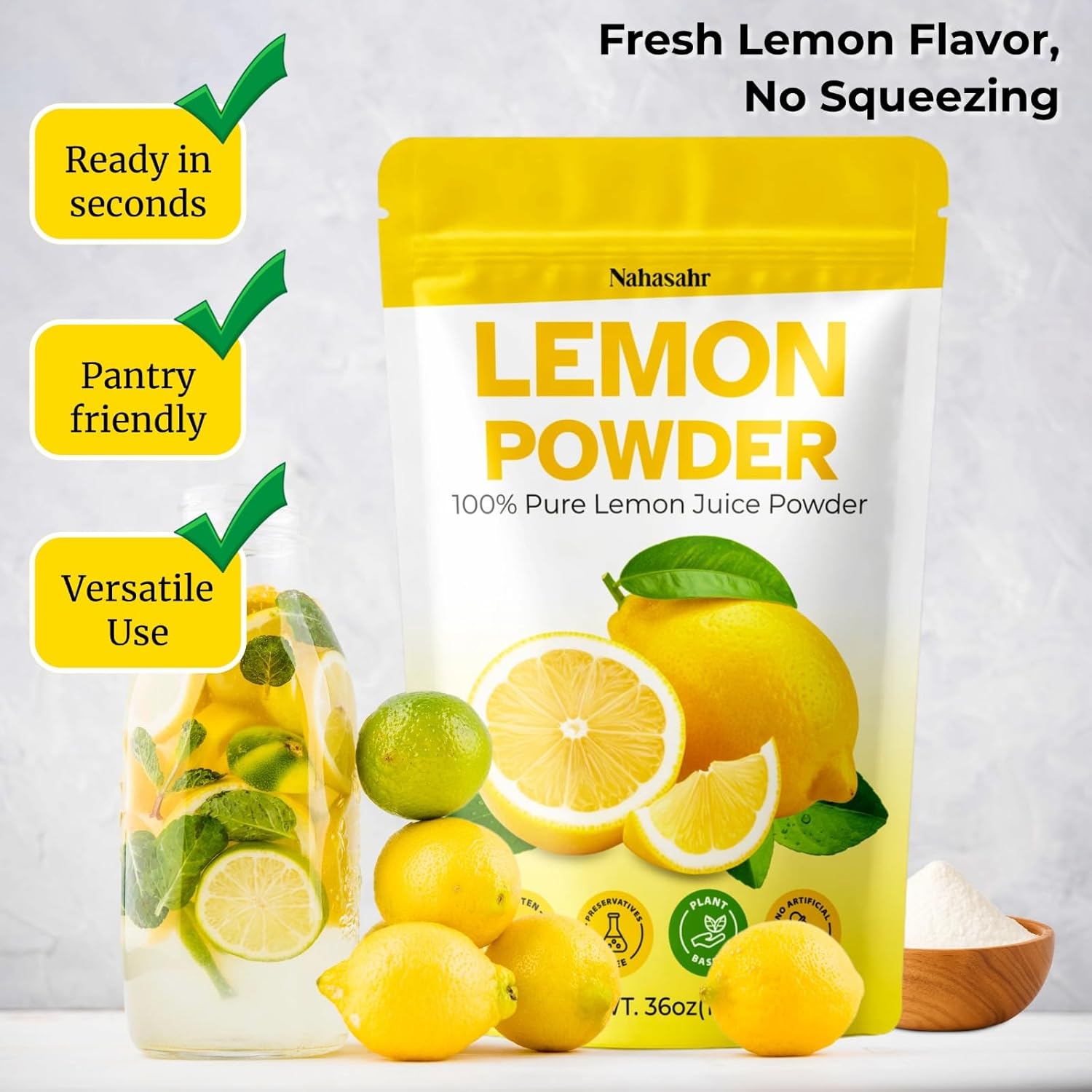 Lemon Juice Powder 36 oz - No Sugar, No Additives, 100% Pure Lemon Powder for Water, Baking & Cooking | Fast Dissolving, Bulk Value Family Size Resealable Pouch (Lemon Juice Powder)