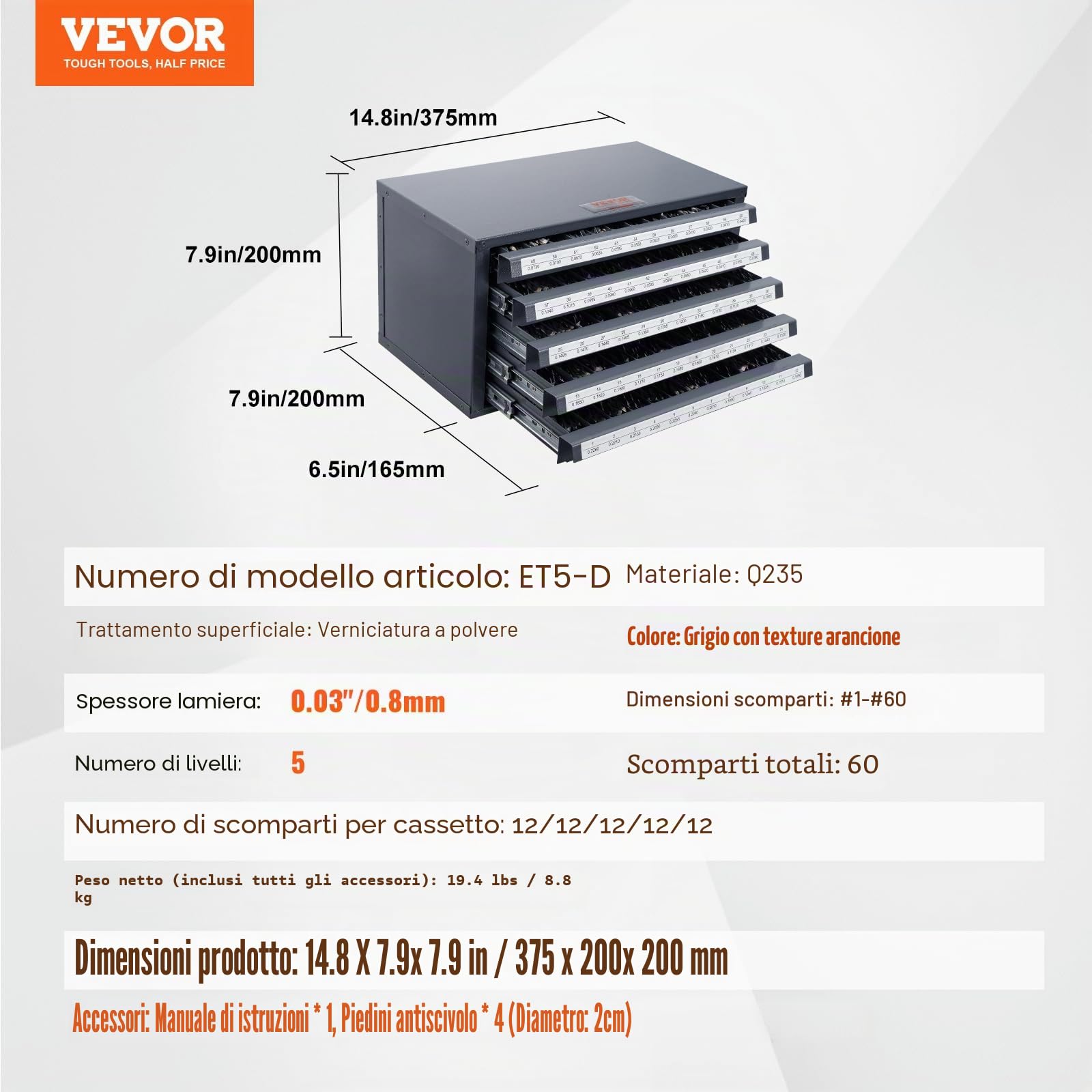 VEVOR Distributore di punte a cinque cassetti per punte in acciaio #1 a #60, armadio di stoccaggio con etichette, distributore di punte impilabili per la conservazione di punte