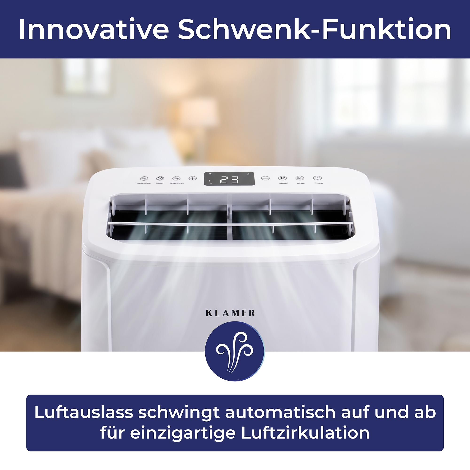 KLAMER Mobile Klimaanlage 12000 BTU, bis 43m², 3-in-1, Abluftschlauch | Kühlung, Ventilation & Luftentfeuchtung, 3 Gebläsestufen, 24h Timer, Nachtmodus, Fernbedienung, R290 Kältemittel