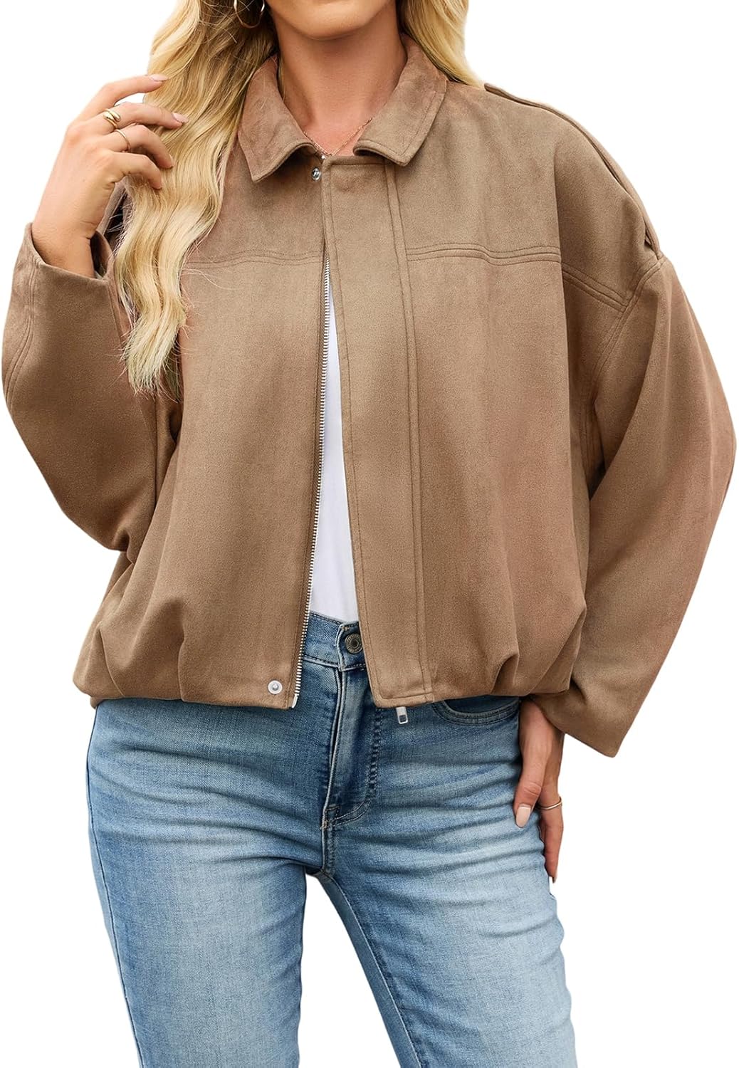 Womens Bomber Jacket Faux Suede Casual Cropped Pilot Coat Lapel Collar Causal Oversized Trendy Outwear - Image 2
