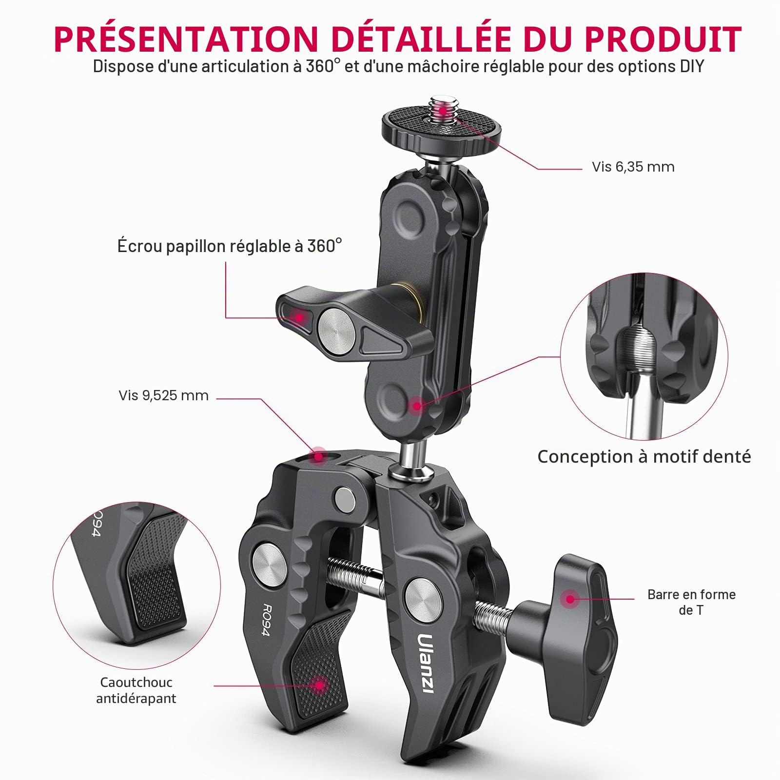 ULANZI R094 Super Pince Crabe avec Double rotule 360°, Bras Magique avec Filetage 1/4"-20 et 3/8"-16, Fixation pour caméras, éclairages vidéo LED et systèmes de stabilisation (Ronin-M/MX, MOVI)