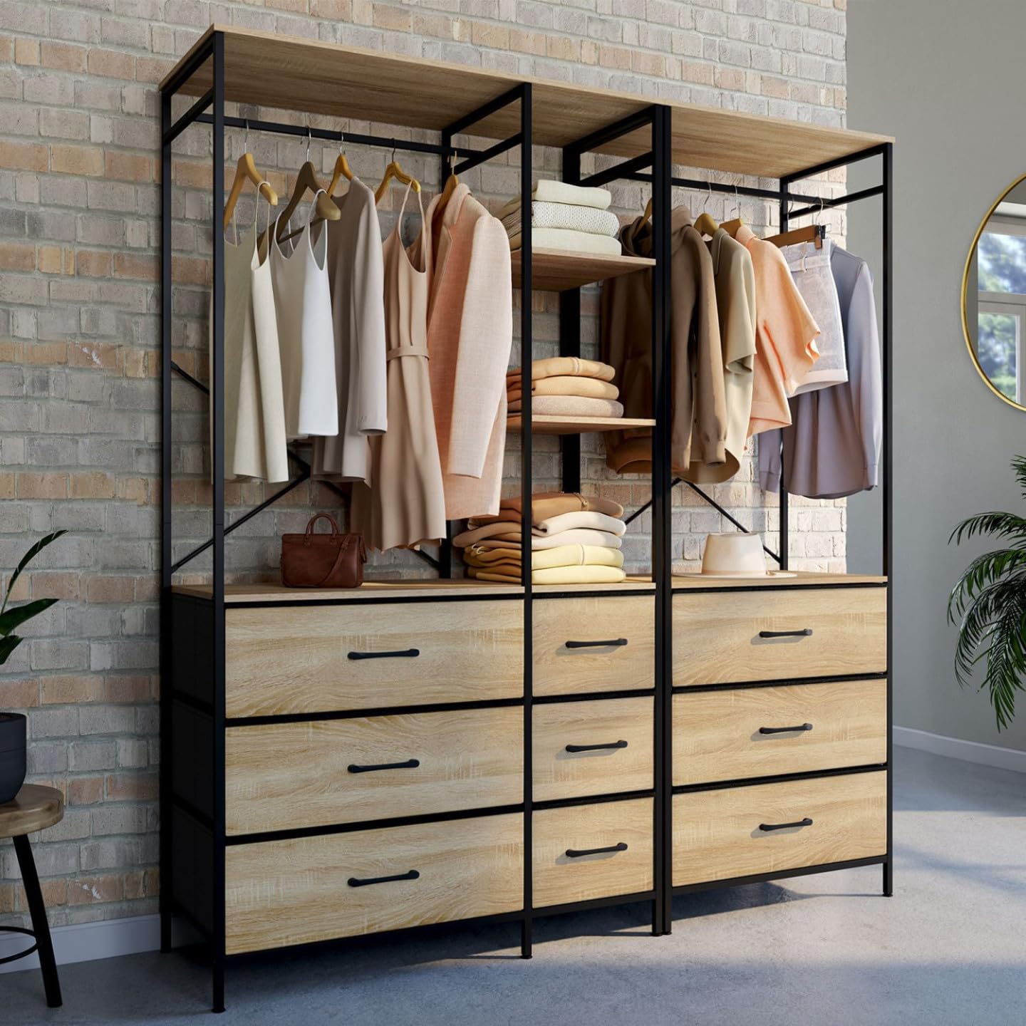 IDMarket - Armario modular L. UTAH XXL 150 cm con 3 estantes y 9 bandejas de tela de madera y negro