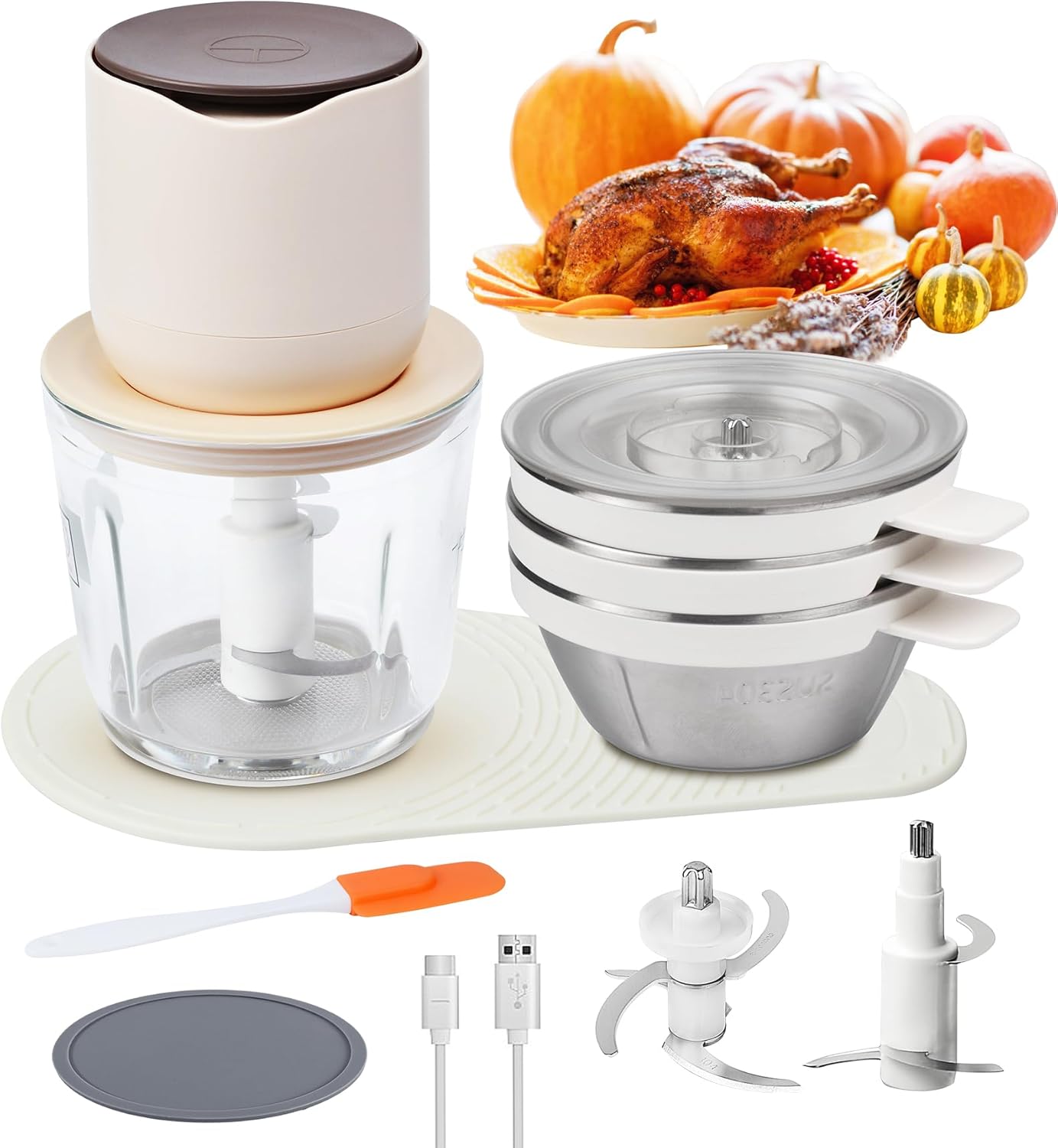 Juego inalámbrico de procesador de alimentos pequeño 4 en 1 con cuenco de vidrio de 21.1 fl oz, 3 cuencos de acero inoxidable de 8.1 fl oz y 3+4