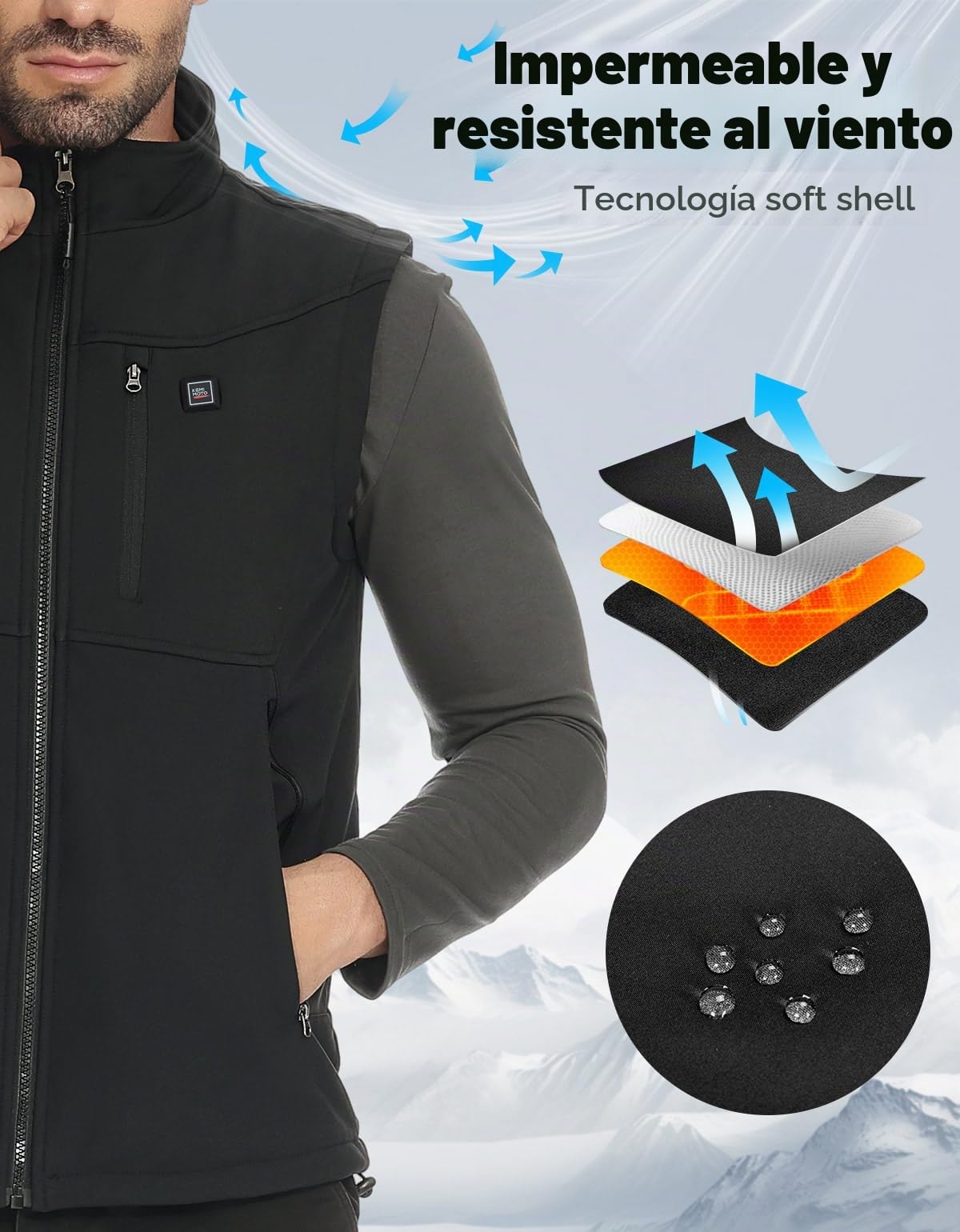 KEMIMOTO Chaleco Calefactable, Chalecos Impermeable Térmicos APP Exclusiva y Batería de 10000 mAh, Tejido Softshell Tela a Prueba de Viento 3 en 1, 4 Zonas de Calor Moto Esquí Senderismo