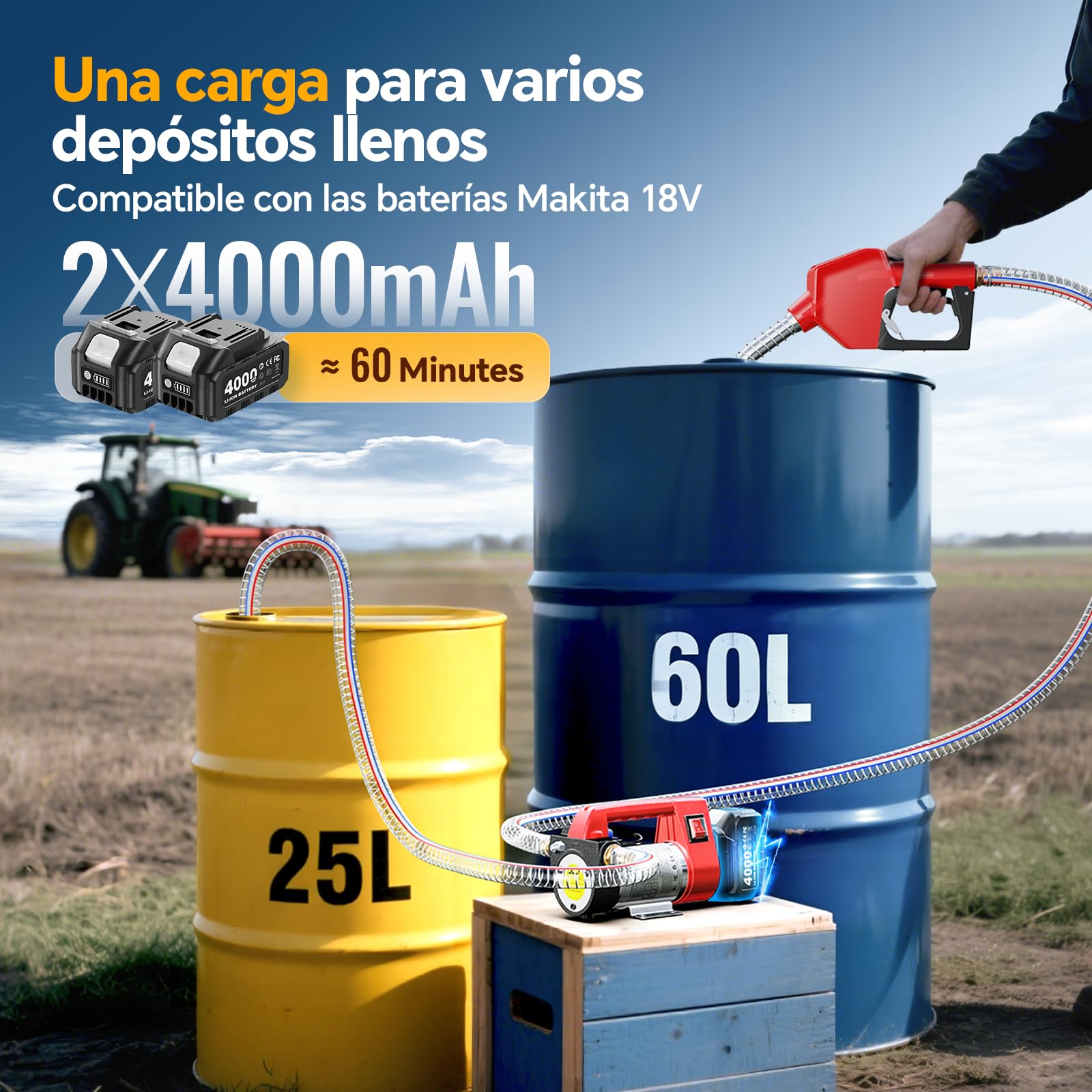 Bomba de Trasvase Diesel a Batería 21V: Caudal 45 L/min, bomba de combustible eléctricas para diésel y queroseno, con batería de 2 x 4,0 Ah, boquilla y 2 mangueras de 2 m - Para camiones y tractores