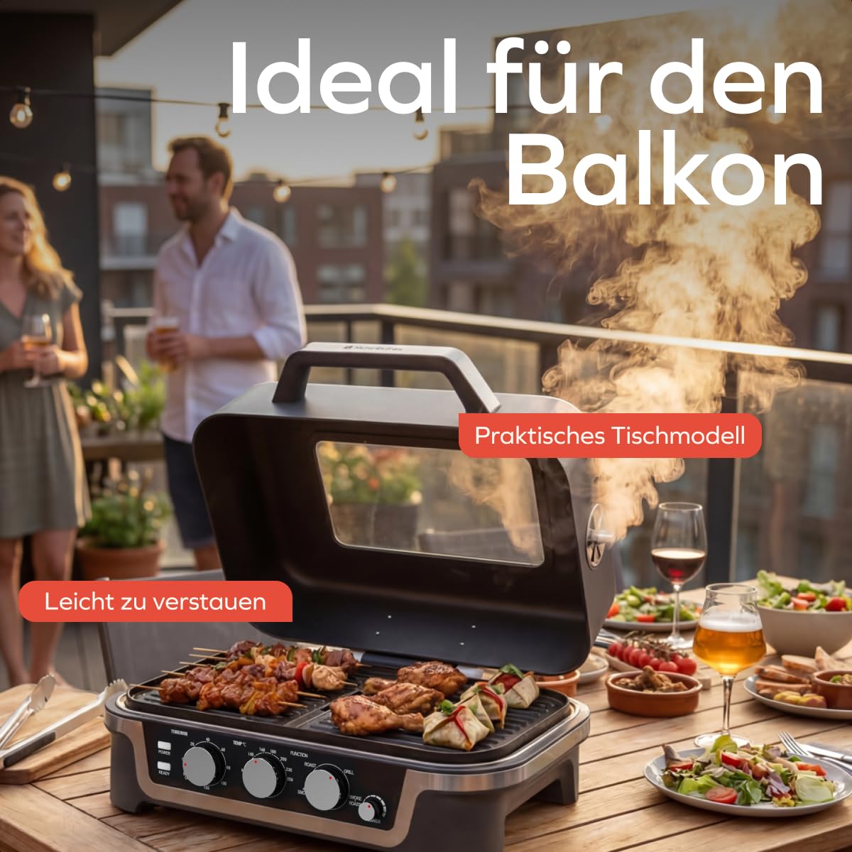 KitchenBrothers 4-in-1 Elektrogrill - BBQ & Smoker - Tischgrill - 2600W | Einstellbar von 90–250 °C, Timer bis 120 Min., Sichtfenster im Deckel, kompaktes, ideal Tischformat