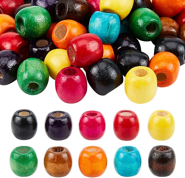 PandaHall 200pcs Colored Wooden Beads, 10 Colors Wood Barrel Beads 16.5mm Colorful Loose Beads with 6mm Large Hole for Macrame Bracelet Necklace DIY Craft Christmas Jewellery Making