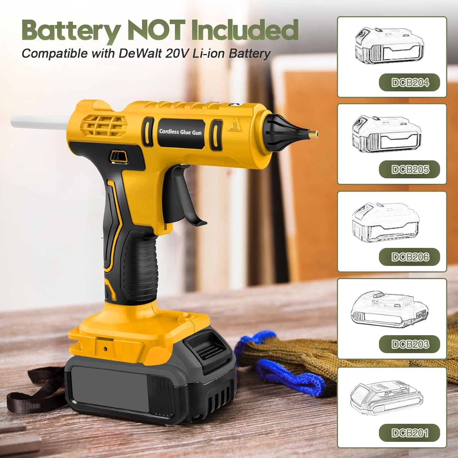 Pistolet à colle chaude sans fil 100 W pour batterie DeWalt 20 V (sans batterie), kit de pistolet à colle chaude sans fil pleine taille avec 12 grands bâtons de 1,1 cm pour travaux manuels et