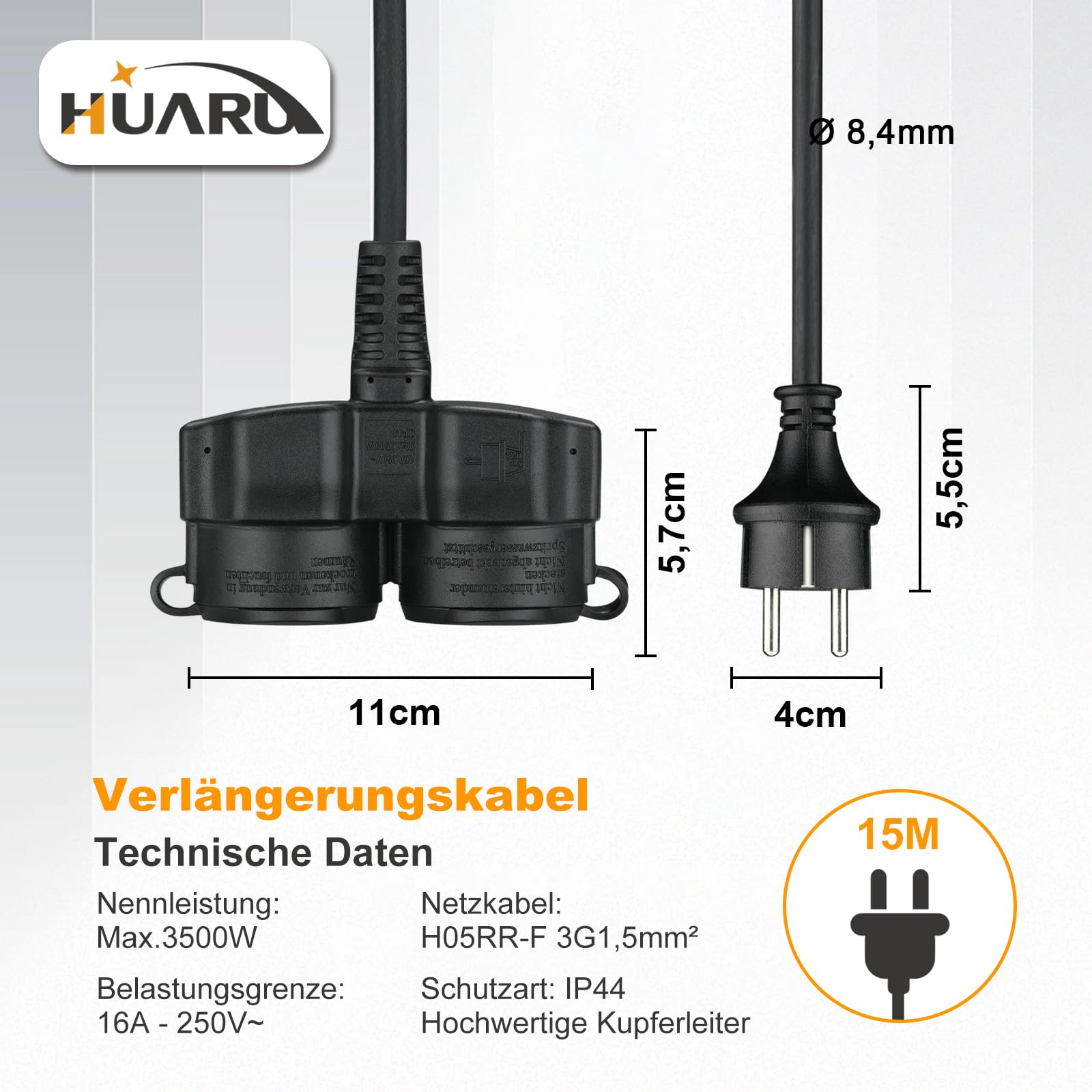 Cavo di prolunga per esterni, 15 m, con 2 prese Schuko, doppia prolunga in gomma, 3500 W, con tappo di protezione per esterni, IP44, cavo di alimentazione H05RR-F 3G1,5 mm² con doppia presa, 16 A/250