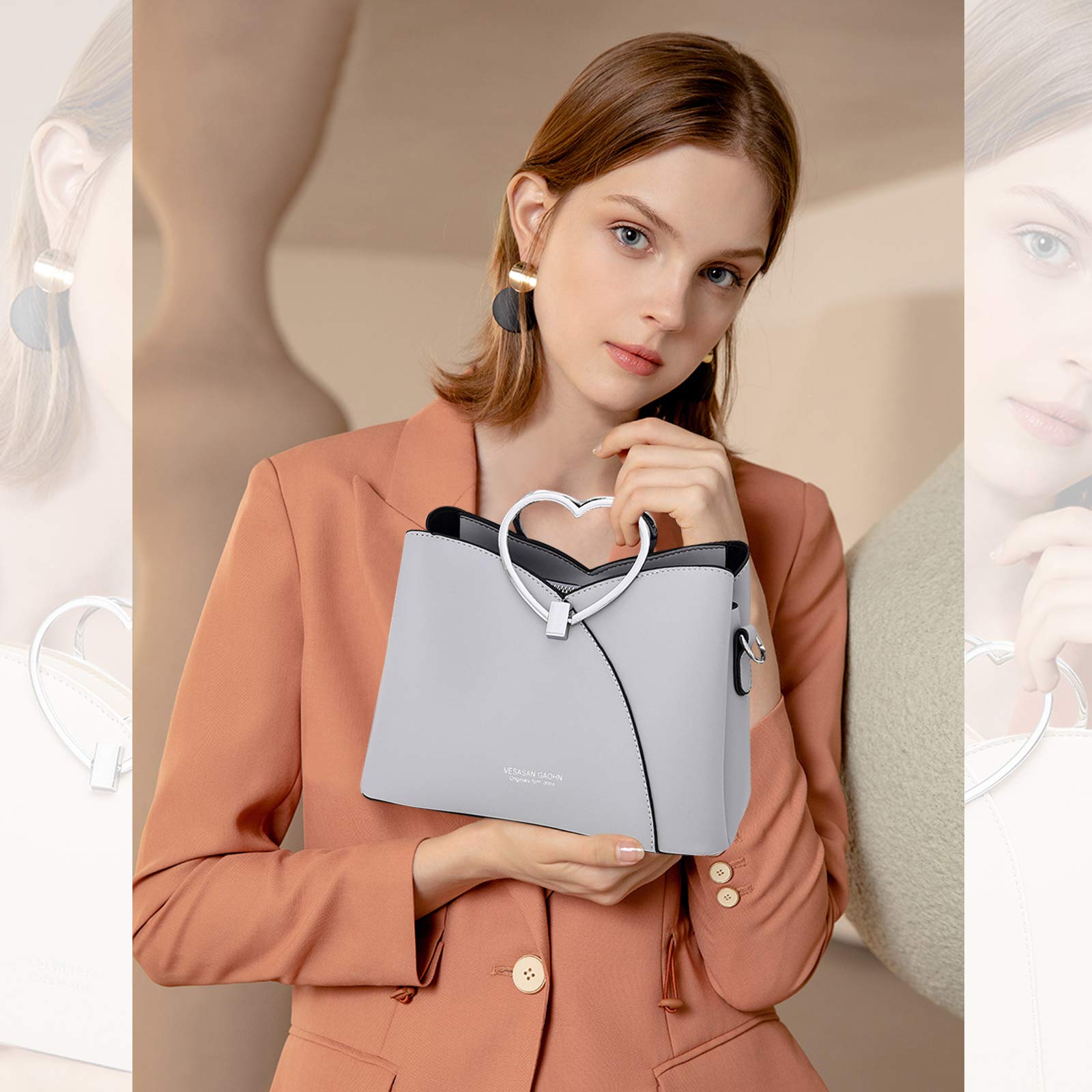 NICOLE & DORIS Fashion Handbag for Women Top Handle Bag PU Leather Messenger Bag Waterproof Shoulder Bag Ladies Crossbody Bag With Heart Shaped Handle Light grey