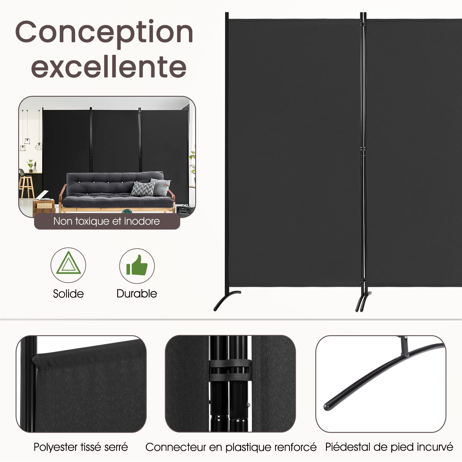 RELAX4LIFE Paravent 3 Pcs en Polyester 260X183 CM avec Cadre en Métal, Cloison de Séparation avec Charnières Résistantes et Base Incurvée, Paravent Pliable pour Salon/Jardin/Terrasse, (Modèle1, Noir)