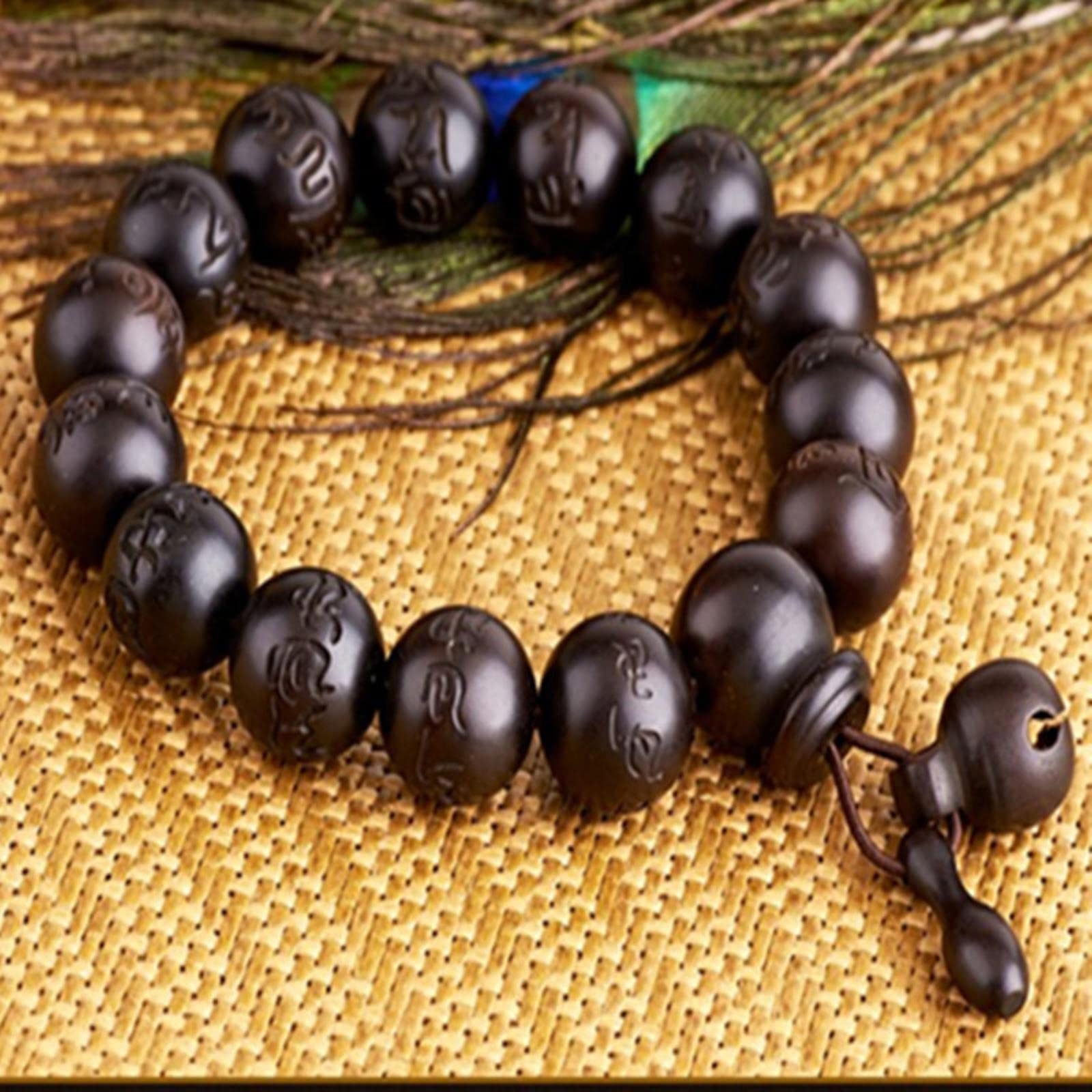 Pezzo di Bracciale con Perline in Vero Legno di Pesca Intagliato a Mano, Braccialetti Buddha per Uomo e Donna, con Perline Piatte da 15 mm