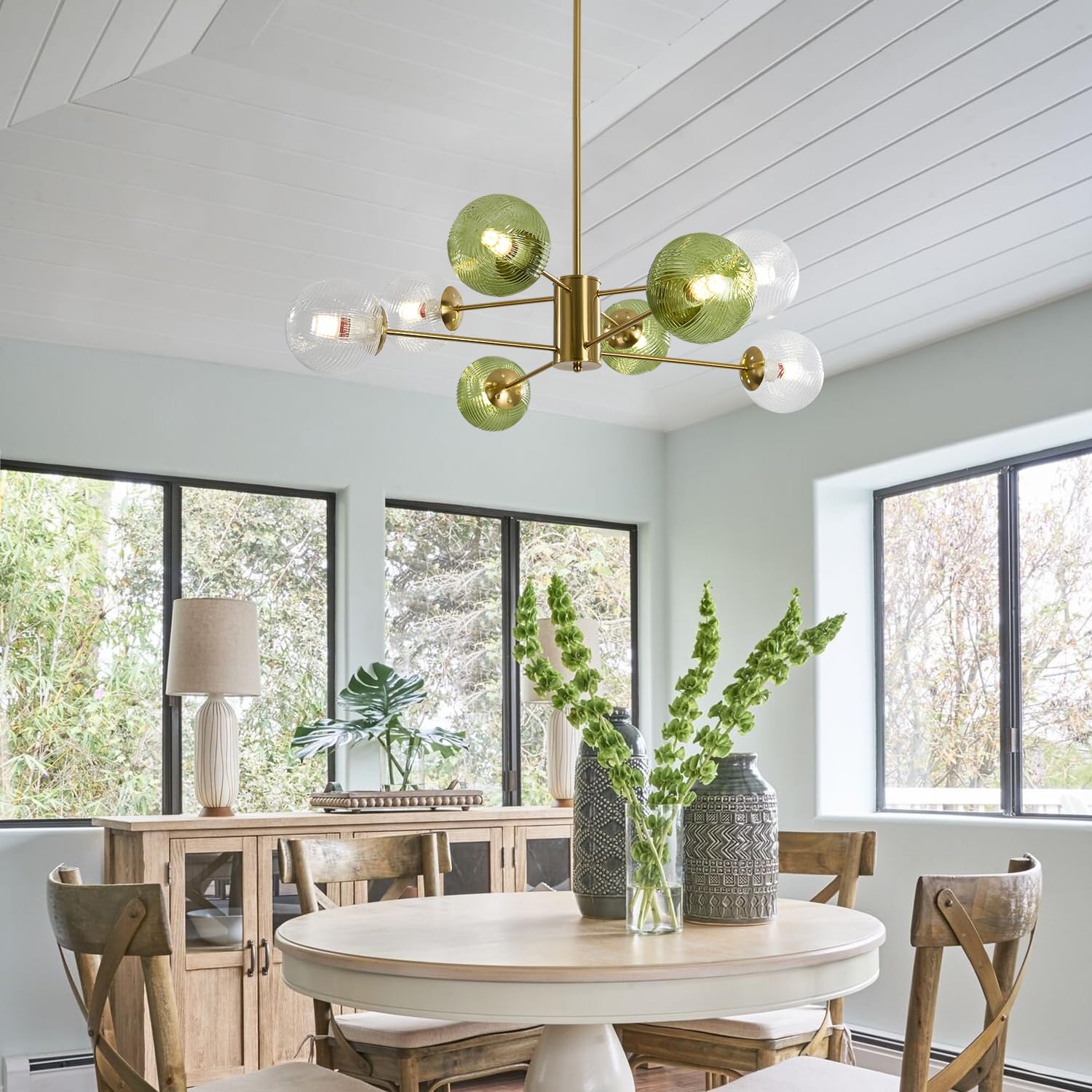 KCO Illuminazione Lampada da soffitto in vetro trasparente a bolle a 8 luci Lampadario in vetro verde metà secolo Lampadario moderno a globo dorato Lampadario a sospensione in ottone Apparecchio da