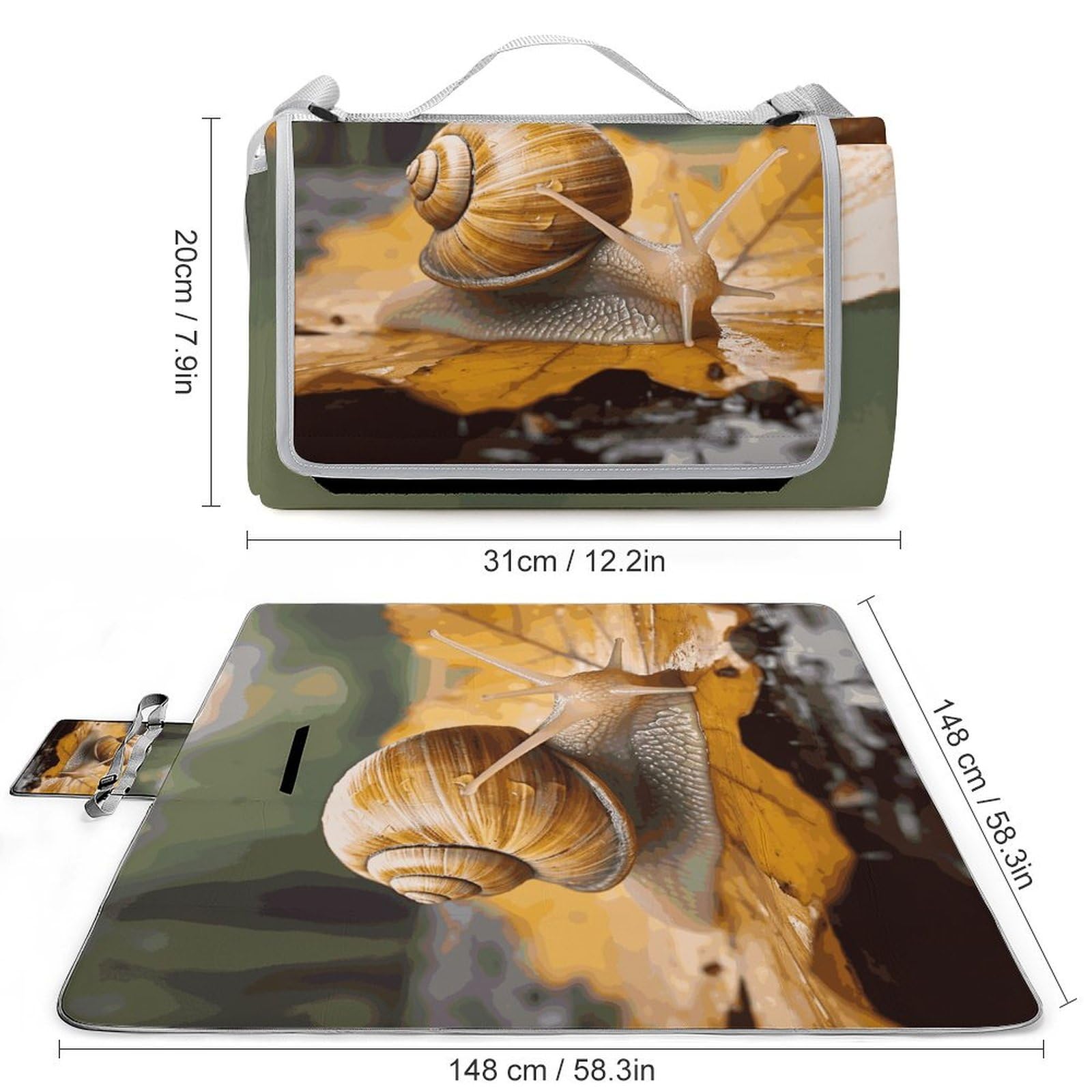 Coperta da picnic da spiaggia, coperta da picnic con lumaca in foglie, impermeabile, pieghevole, extra large, tappetino quadrato da picnic, per escursioni, viaggi, campeggio all'aperto, parchi