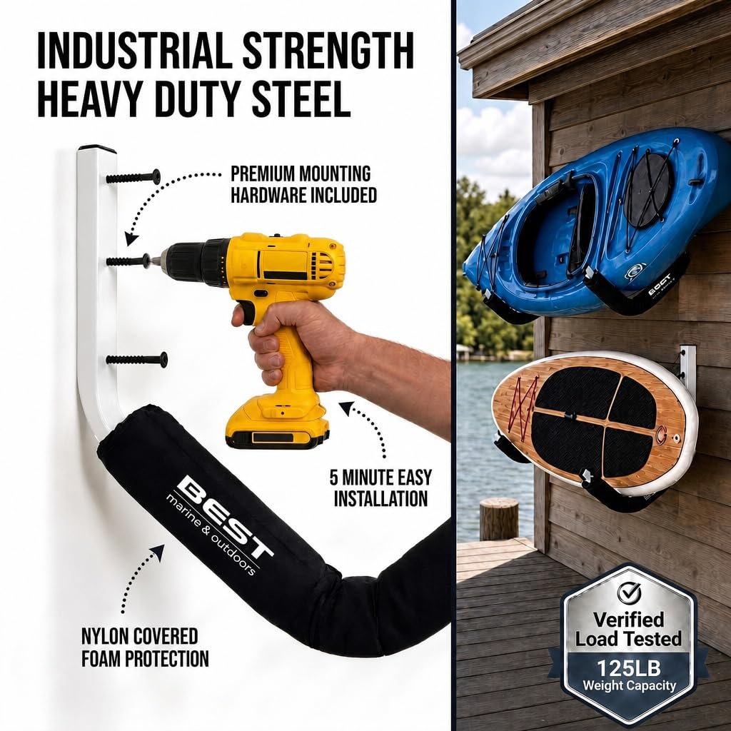 Kayak Wall Mount Storage Rack Heavy Duty Steel 125LB Capacity | High Quality Powder-Coated Steel Wall Racks for IndoorOutdoor Storage of Kayaks and SUP Paddleboards. product thumbnail 7