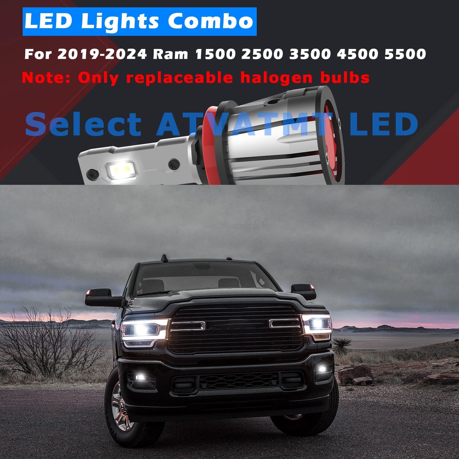 LED Fog Lights for 2019 2020 2021 2022 2023 2024 2025 Ram 1500 2500 3500 4500 5500, 9005 + H11 + H11 LED Bulbs Combo 6500K White Replacement Halogen Bulbs Pack of 6