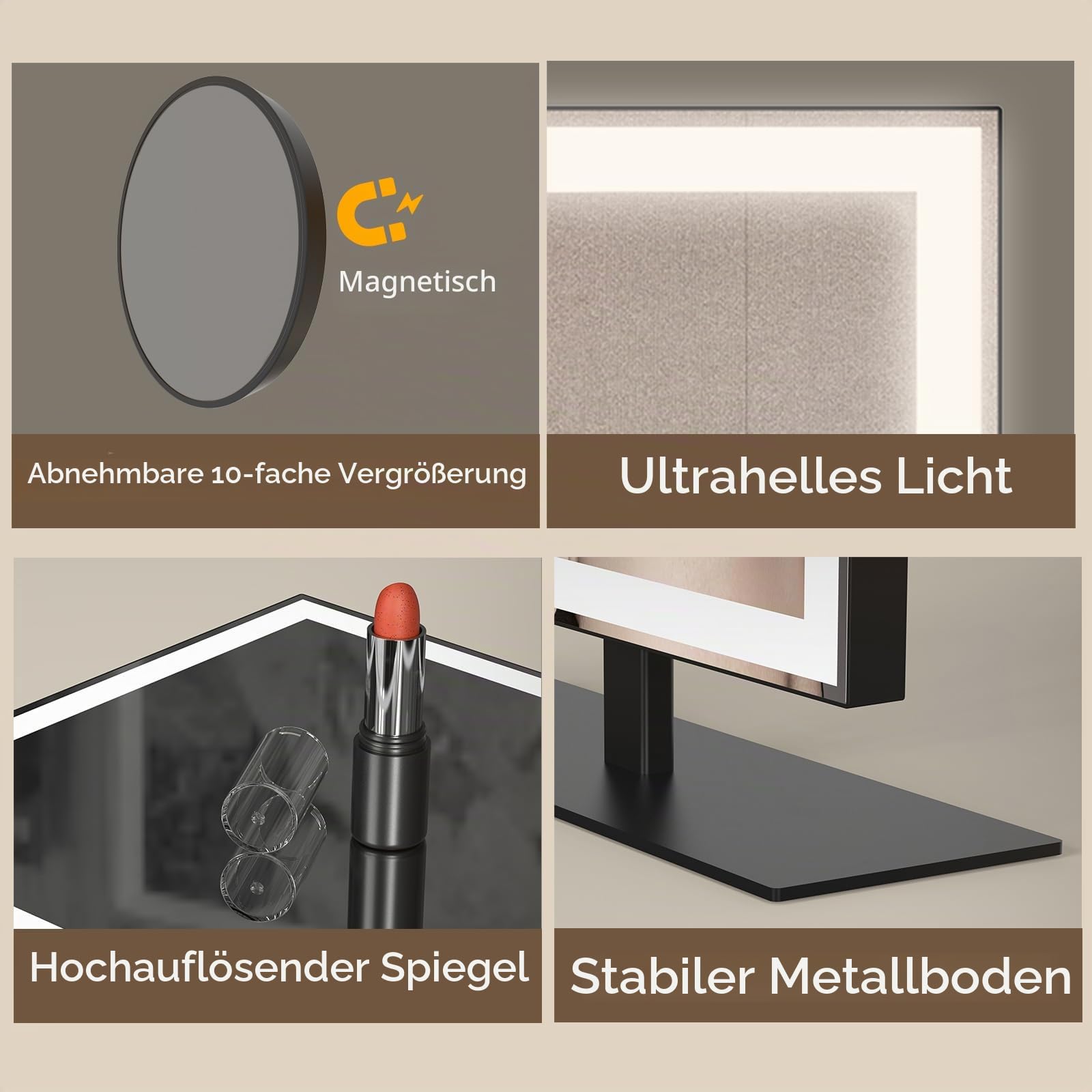 ANTENLICHT Schminkspiegel mit Beleuchtung, Dimmbar Spiegel mit Beleuchtung mit Abnehmbare 10X Vergrößerung, 3 Farbmodi, LED Schminkspiegel mit Licht Hollywood Spiegel, Schwarz