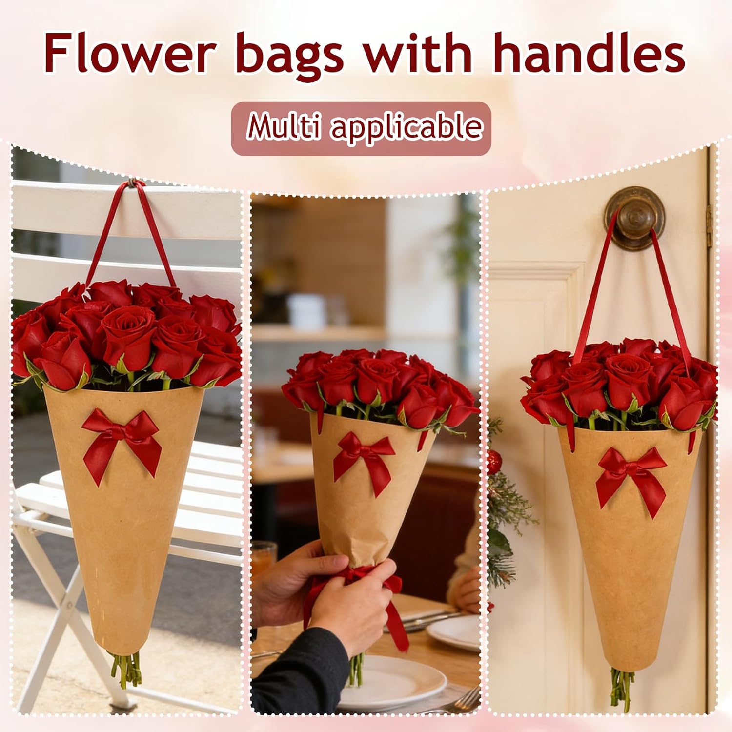Uiozmoa 20 Pcs Kraft Paper Flower Bags for Bouquets, Red Bouquet Holder with Handle & Bow, Waterproof Gift Packaging for Small Floral Arrangements, Supplies for Wedding & Valentine's Day(Red)