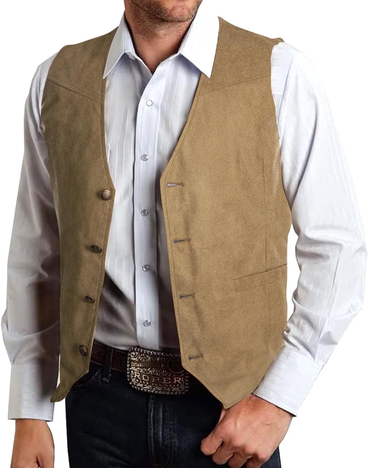 Hi-Tie Men's Suede Leather Vest Western Cowboy Vest Slim Fit Sleeveless V Neck Waistcoat Casual