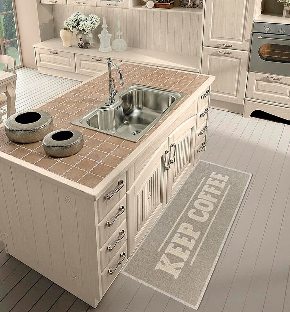 emmevi Tappeto Cotone Cucina Scritte 3D Morbido Design Shabby Chic mod.KITCHEN 60X235 dis.KEEP COFFEE