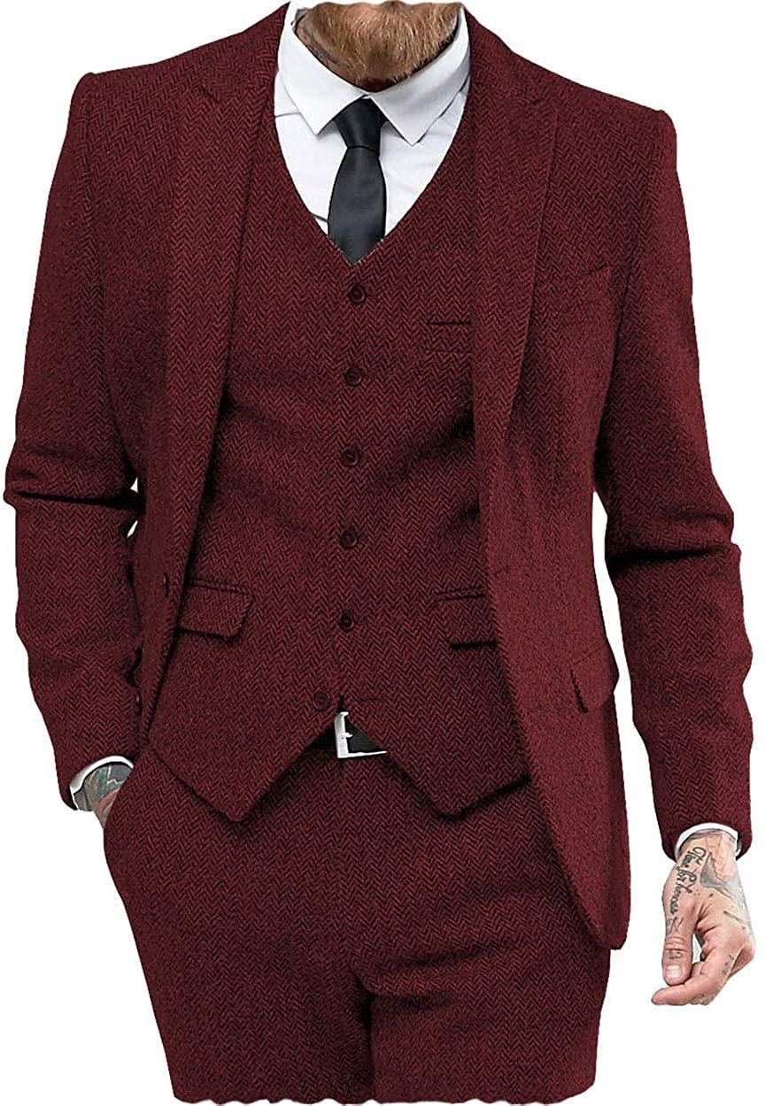 Classic Abiti Da Uomo Vestibilità Regolare 3 Pezzi Lana Tweed Spina Di Pesce Affari Smoking Sposi Sposi Blazer+Gilet Pantaloni