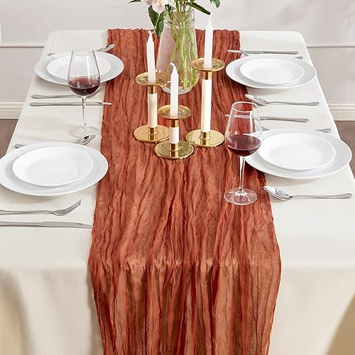 Miniatura 2 de Paquete de 6 caminos de mesa de gasa de terracota de 10 pies de ancho, caminos de mesa bohemios para despedidas de soltera, bodas, fiestas de