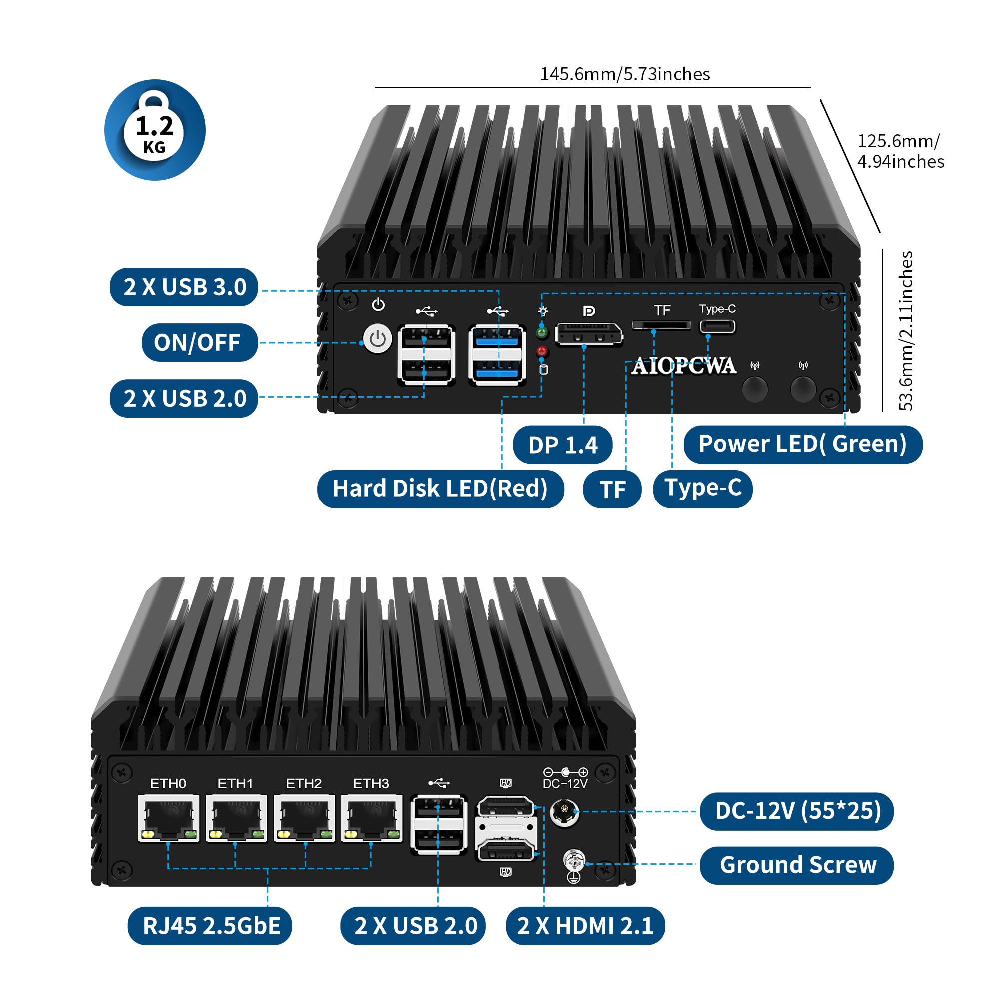 MNBOXCONET Mini PC N355 Firewall 2x10GbE SFP , Micro Appliance Computer Office, Barebone NO RAM NO SSD, 2xi226V 2.5GbE LAN, Type-C, TF, HD, Support Windows OPNsense, SPK/MIC - View #6