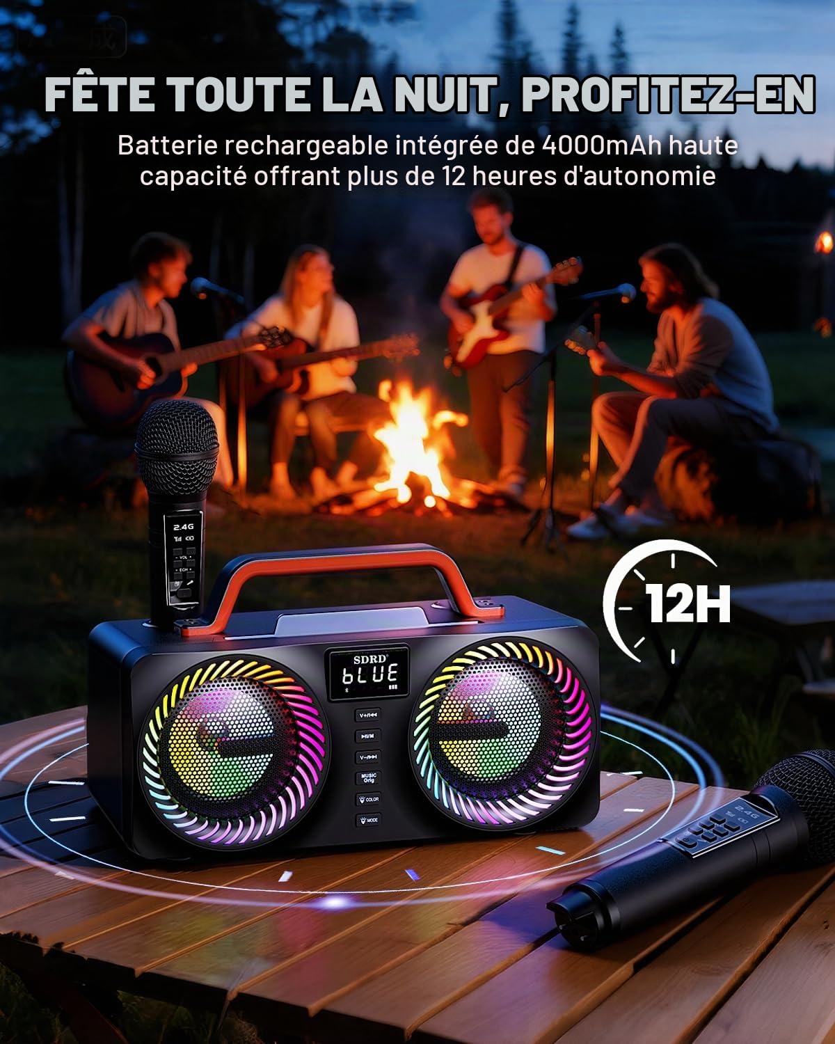 Machine de Karaoké SORDA Pour Adultes ET Enfants, Enceinte Bluetooth Portable 80 W, 2 Microphones Sans Fil, Réglage de L’éCho, Compatible USB/Aux, Idéale Pour Les Fêtes en Intérieur et en Extérieur