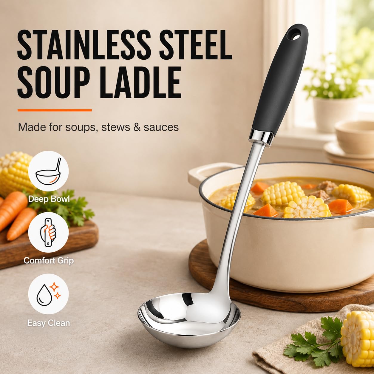 Cucharón de acero inoxidable cepillado con mango ergonómico antideslizante