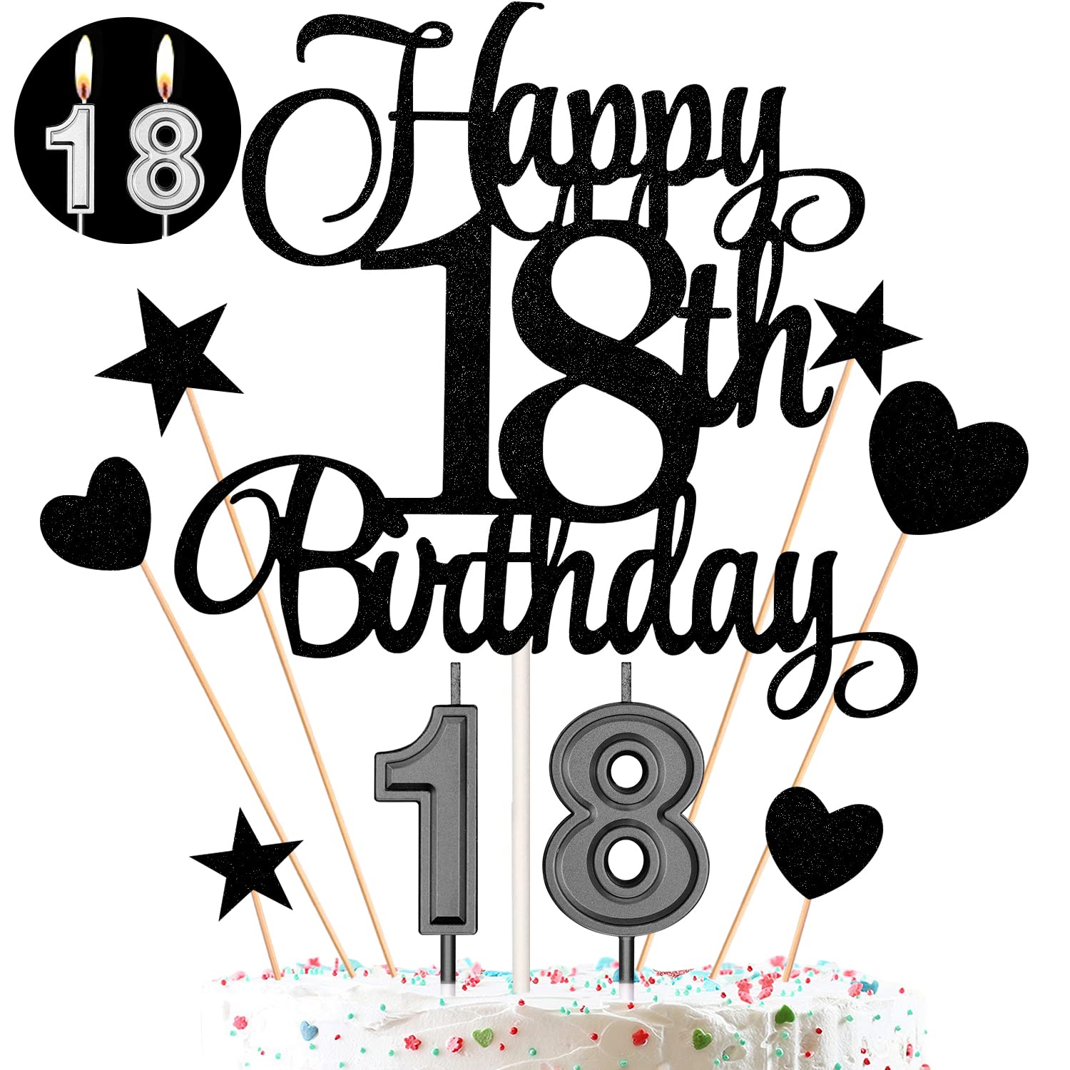 18th Birthday Cake Decorations Set Include 18th Birthday Candles Numeral 18 Cake Candles and Happy 18th Birthday Cake Toppers with Heart Star Cupcake Picks for Birthday Party (Black Series)
