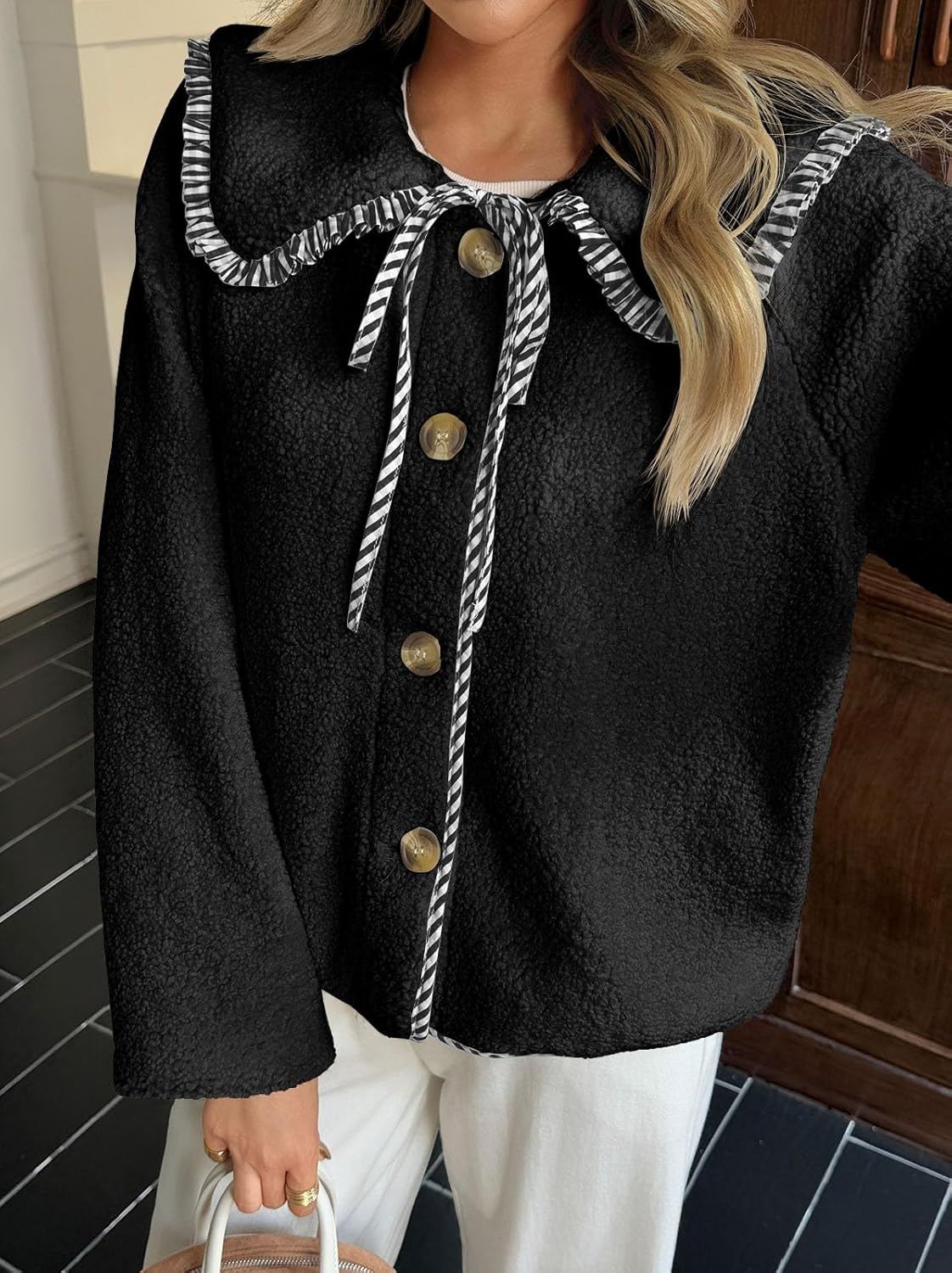 Tankaneo Womens Fuzzy Fleece Jacket Peter Pan Collar Button Down Fall Winter Sherpa Coats Colorblock Cute Warm Outerwear - Image 2