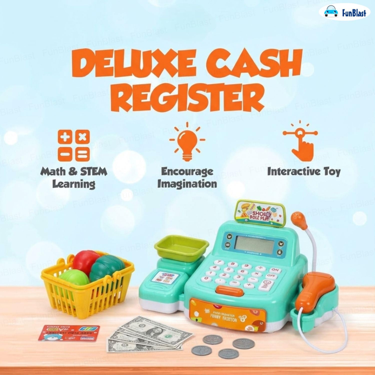 FunBlast Cash Register Toy with Scanner, Swipe Machine, Credit Card, Coins, Cashier Desk Toys, Pretend Play Toys for Kids, Role Play Toy for 3+ Year Old Kids (Multicolor) 3