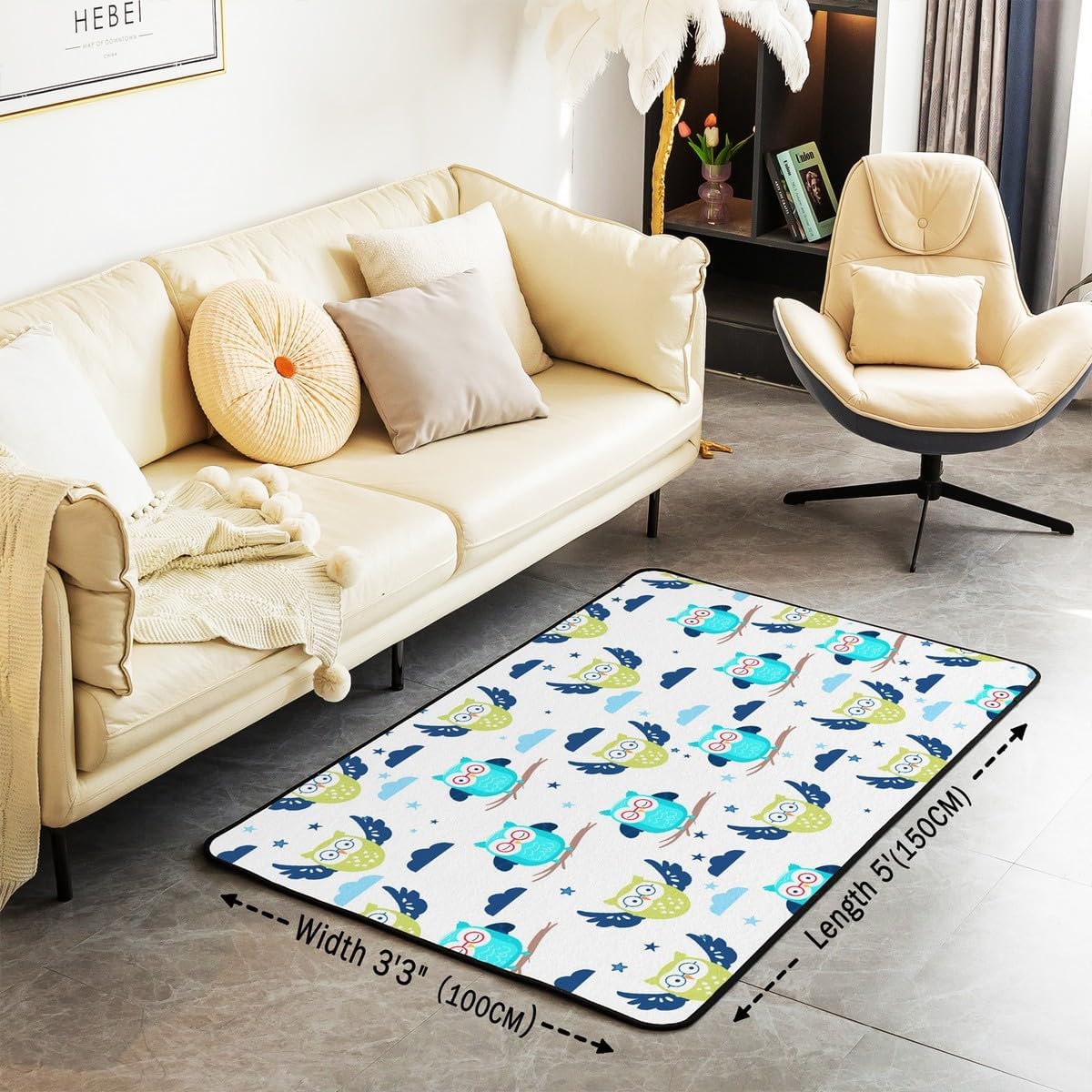 Cartoon Owl Area Rug 100cm X 150cm X 1cm Cute Birds Wild Animal Decor Non Shedding Rug for Kids Boys Girls Blue Stars Clouds Graffiti Hippie Non Slip Rug for Bedroom Couch RV